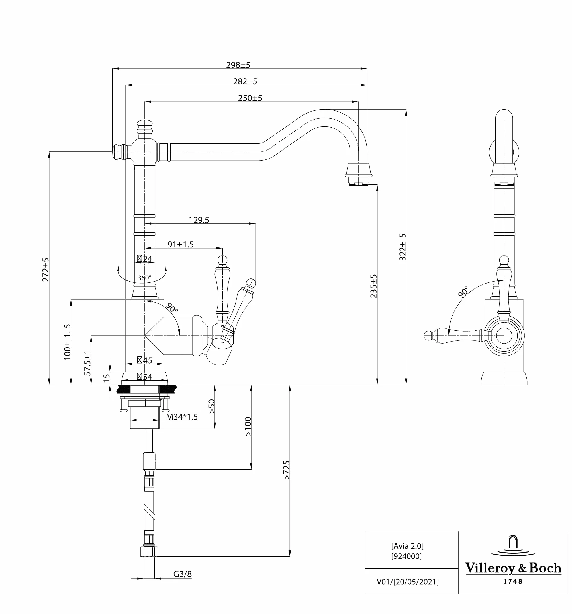 Villeroy & Boch Avia 2.0 bateria kuchenna, wysokociśnieniowa, kran kuchenny z ceramicznym wkładem i zakresem obrotu 360°, energooszczędna, wysokość wylewki 235 mm, złota