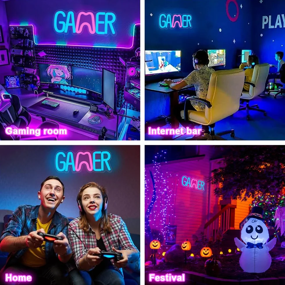 HOTUT Podświetlany Znak Gier Neon LED, Świetlna Dekoracja Ścienna (Gaming Neon/Napis), Nowoczesne Oświetlenie do Pokoju Gracza, Tło do Streamowania