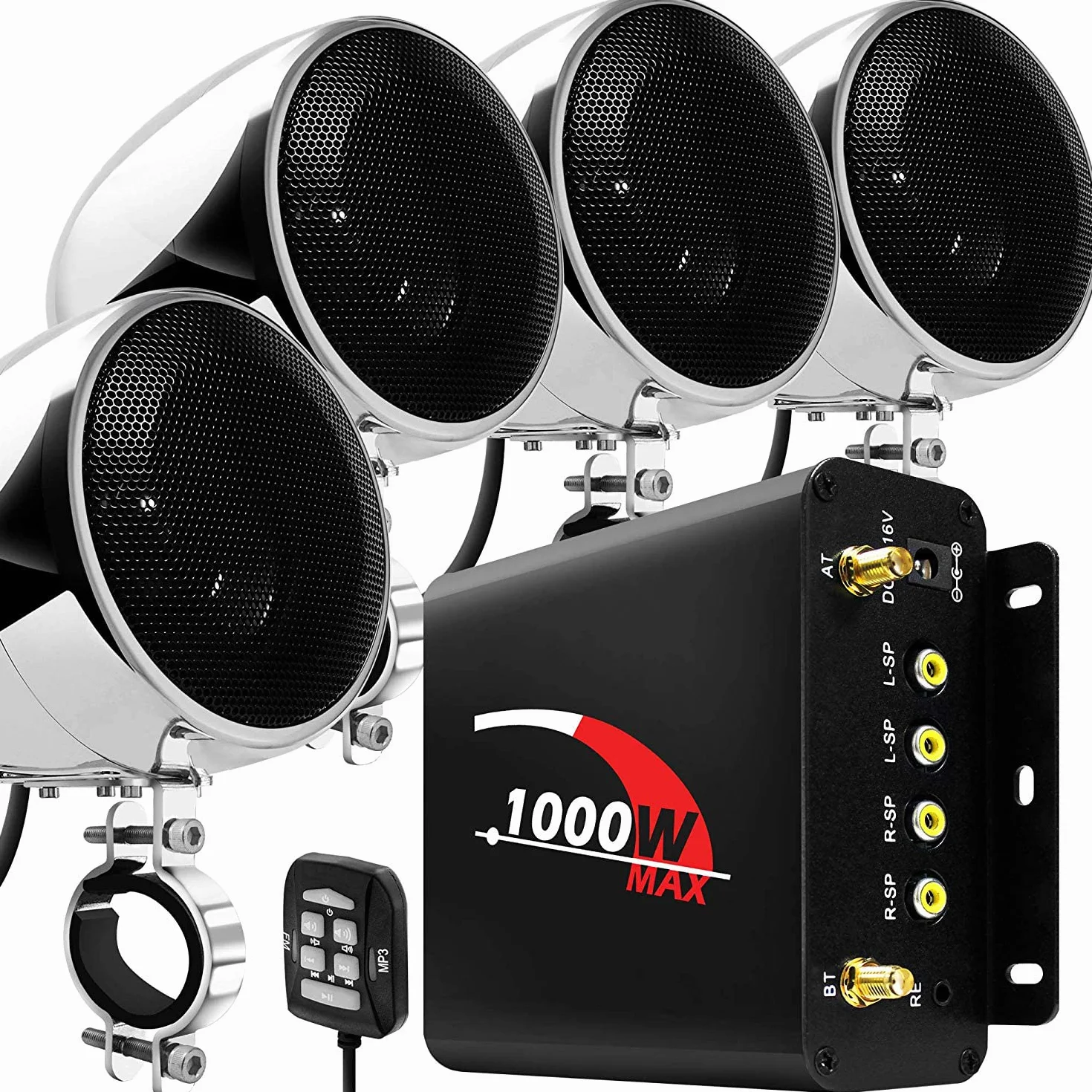 4-kanałowy wzmacniacz motocyklowy, 1000 W, 4 cale, pełny zakres, wodoodporny, Bluetooth, motocykl, głośniki stereo, system audio z AUX, USB, SD, FM, radio do kierownicy, 1–1,5 cala, Harley, Cruiser, ATV, UTV, chromowany, sieć