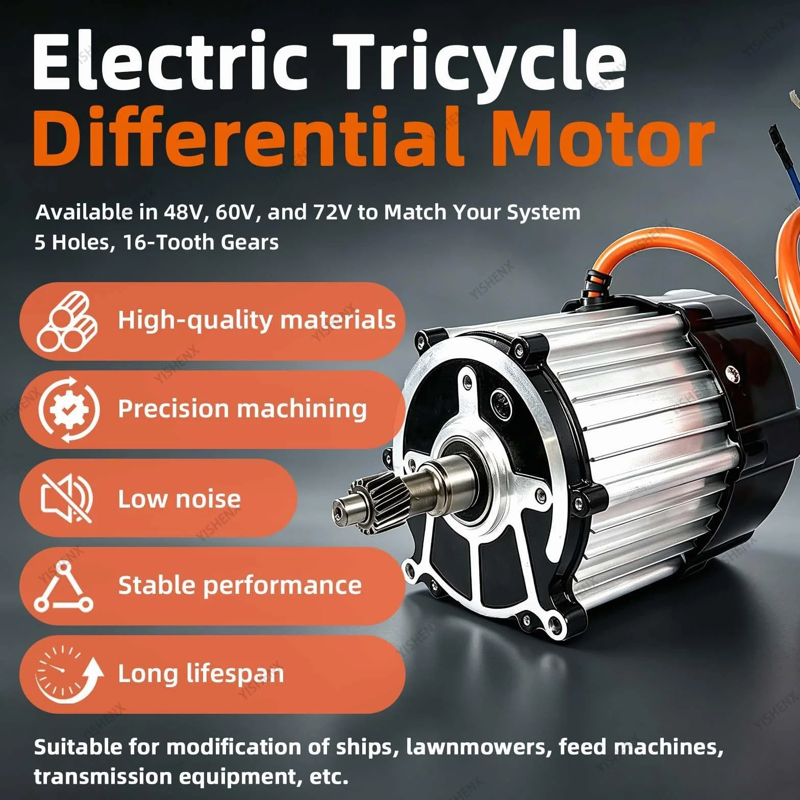 Silnik Trójkołowy Elektryczny 500-1500w, Bezszczotkowy Silnik Prądu Stałego | Silnik Z Rdzeniem Z Czystej Miedzi 48v 60v 72v, Niski Poziom Hałasu, 5 Otworów, 16 Zębów, Do Trójkołowego Roweru Rolniczego