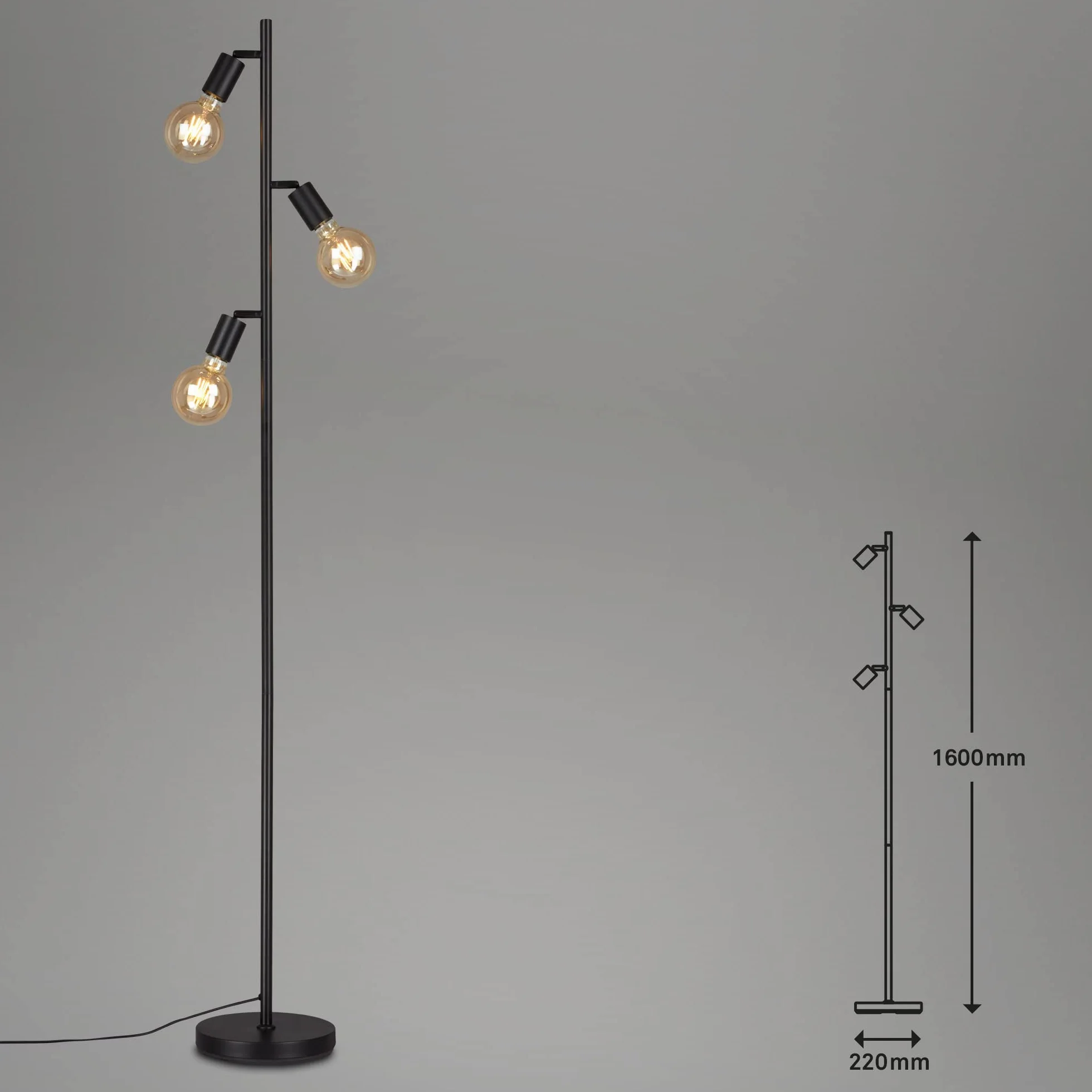 BRILONER Leuchten - Lampa podłogowa, obrotowa lampa stojąca, 3x E27, w tym. przełącznik kablowy, retro, vintage, czarny, 220x1,600mm (DxH), 1387-035