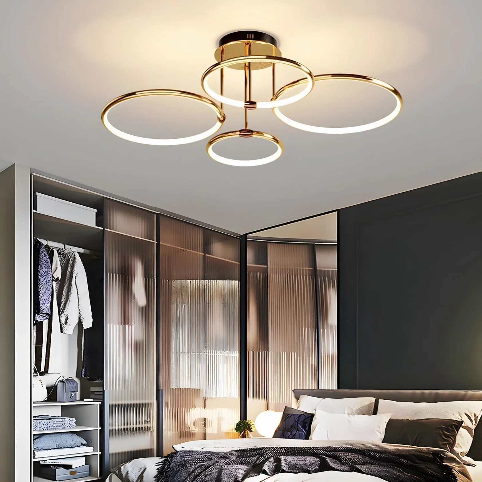 4 Okrągłe Pierścienie Złota Lampa Sufitowa Led, Ø75cm Żyrandol O Średnicy, 85W Bezstopniowo Przyciemniana, Kreatywna Metalowa Galwanizowana Lampa Wisząca, Nowoczesna Lampa Do Sypialni, Salonu Biura