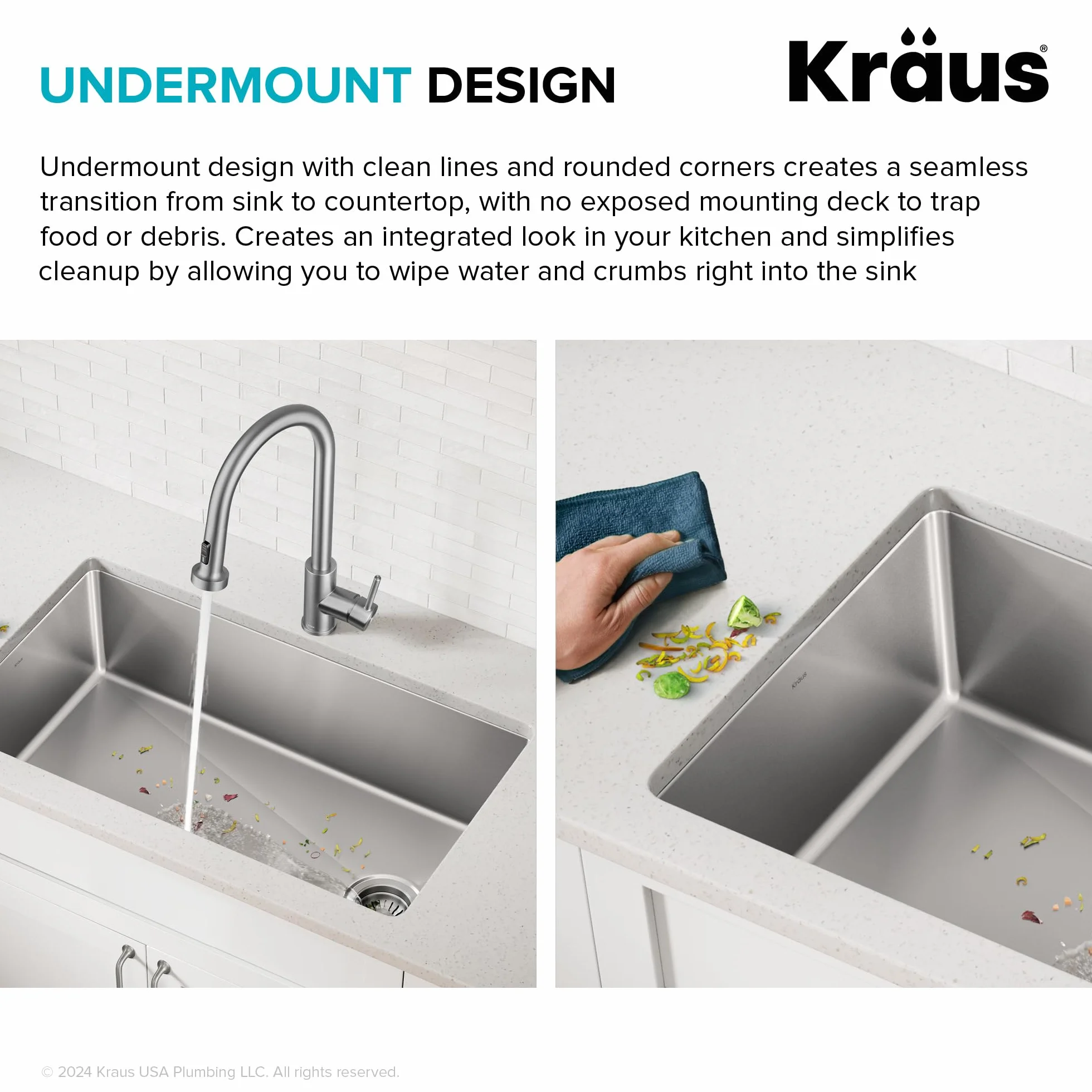 KRAUS KHU641-25 Fairlane Wpuszczany pod blat zlew kuchenny ze stali nierdzewnej o grubości ok. 1,2 mm, pojedyncza komora, 63,5 cm