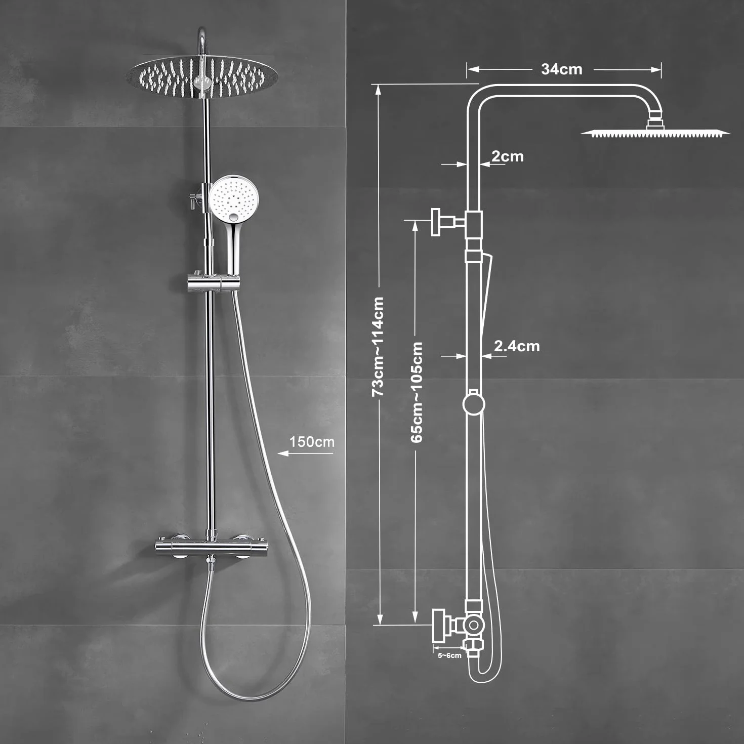 JOHO 304 zestaw prysznicowy ze stali nierdzewnej z termostatem, armatura prysznicowa, deszczownica, system prysznicowy z głowicą prysznicową, średnica 25 cm, chrom