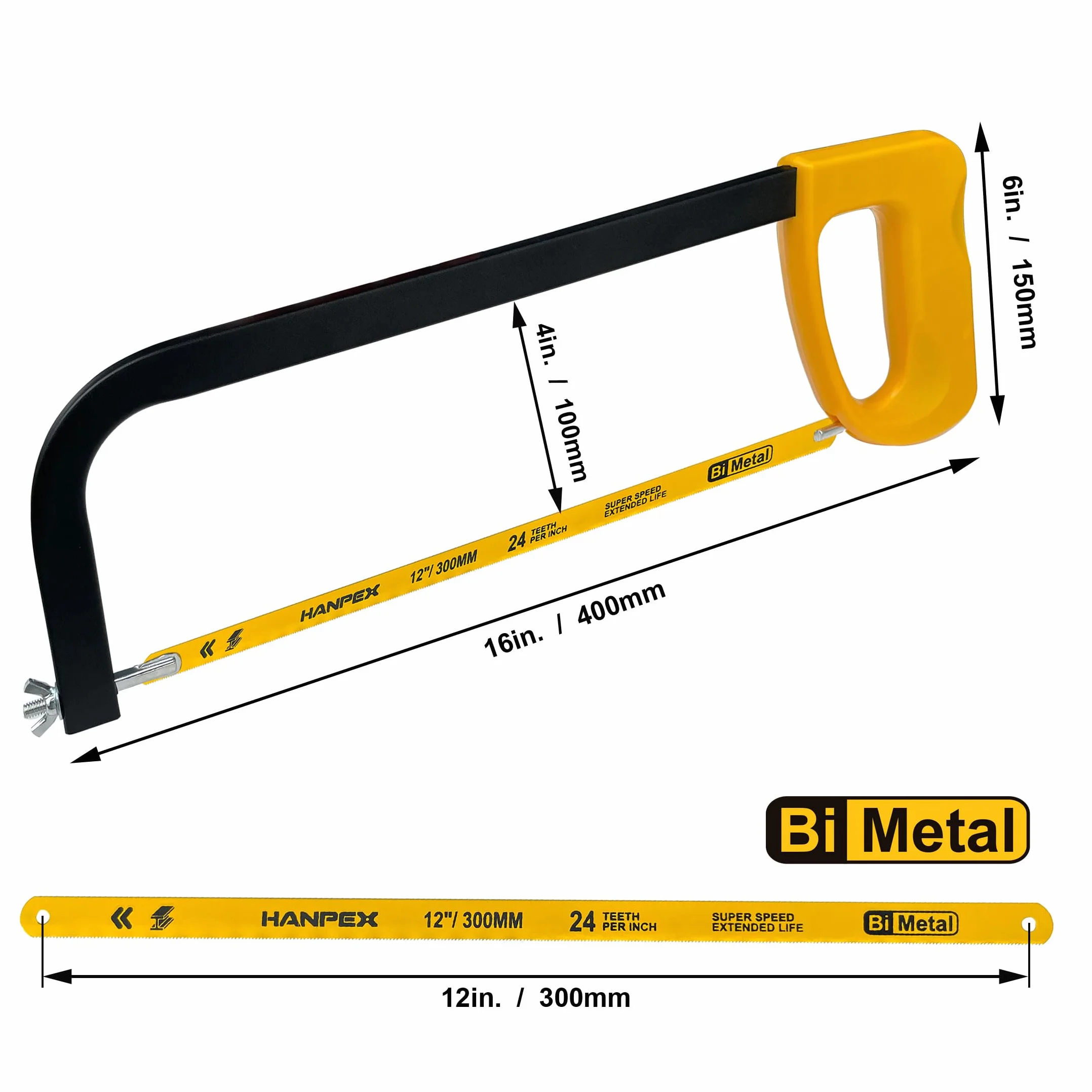 Hanpex 30,5 cm rama piły do metalu o wysokim napięciu z bi-metalowym ostrzem 24 TPI, piła ręczna odpowiednia do metalu, drewna, PCW, stolarki