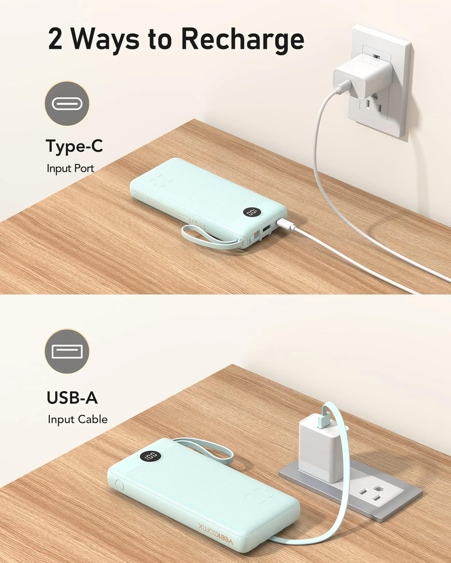 Power Bank 20000mAh z Wbudowanymi Kablami USB C 2.4A Fast Charge 5 Wyjść Przenośna Ładowarka