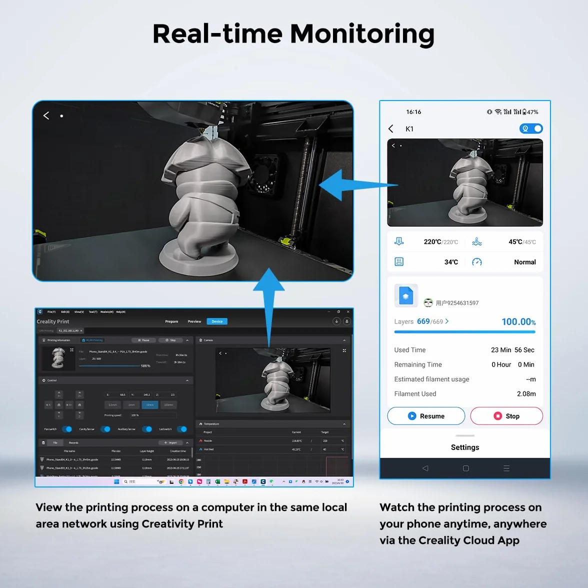 Creality K1 AI kamera HD filmowanie poklatkowe monitorowanie w czasie rzeczywistym telefon