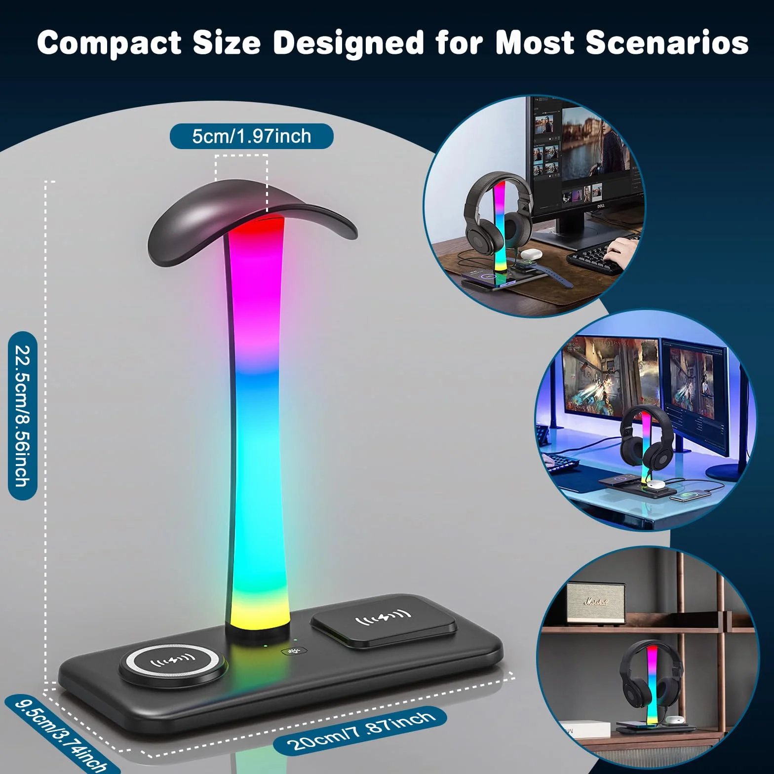 Stojak na Słuchawki 3 w 1 RGB Bezprzewodowe Ładowanie 7 Trybów Świietlnych 1 Port USB