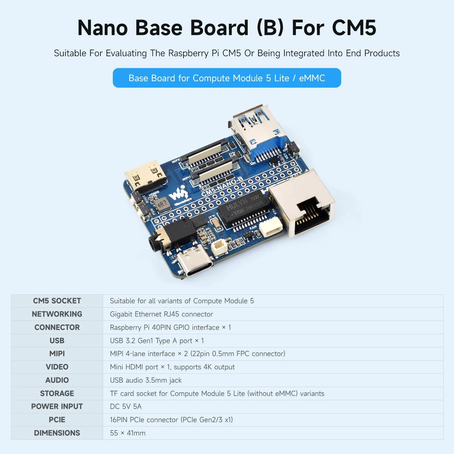 Waveshare Nano Base Board (B) for Raspberry Pi Compute Module 5, Same Size as CM5