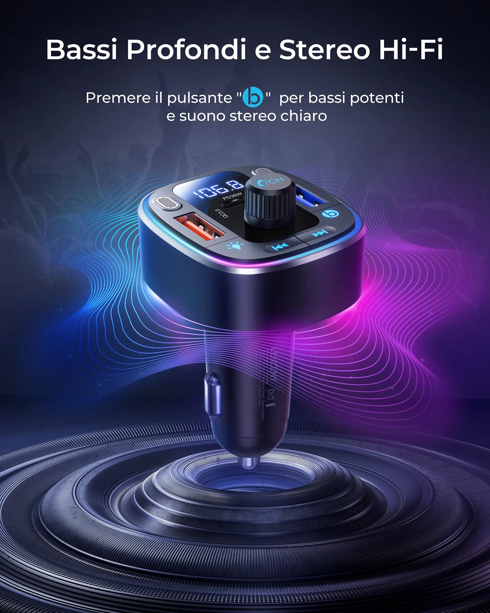 LENCENT Samochodowy transmiter FM Bluetooth 5.4, 54 W, samochodowy adapter Bluetooth, podwójne porty USB szybkie ładowanie (PD 36 W i QC3.0), adapter muzyczny, zestaw głośnomówiący, podwójny mikrofon