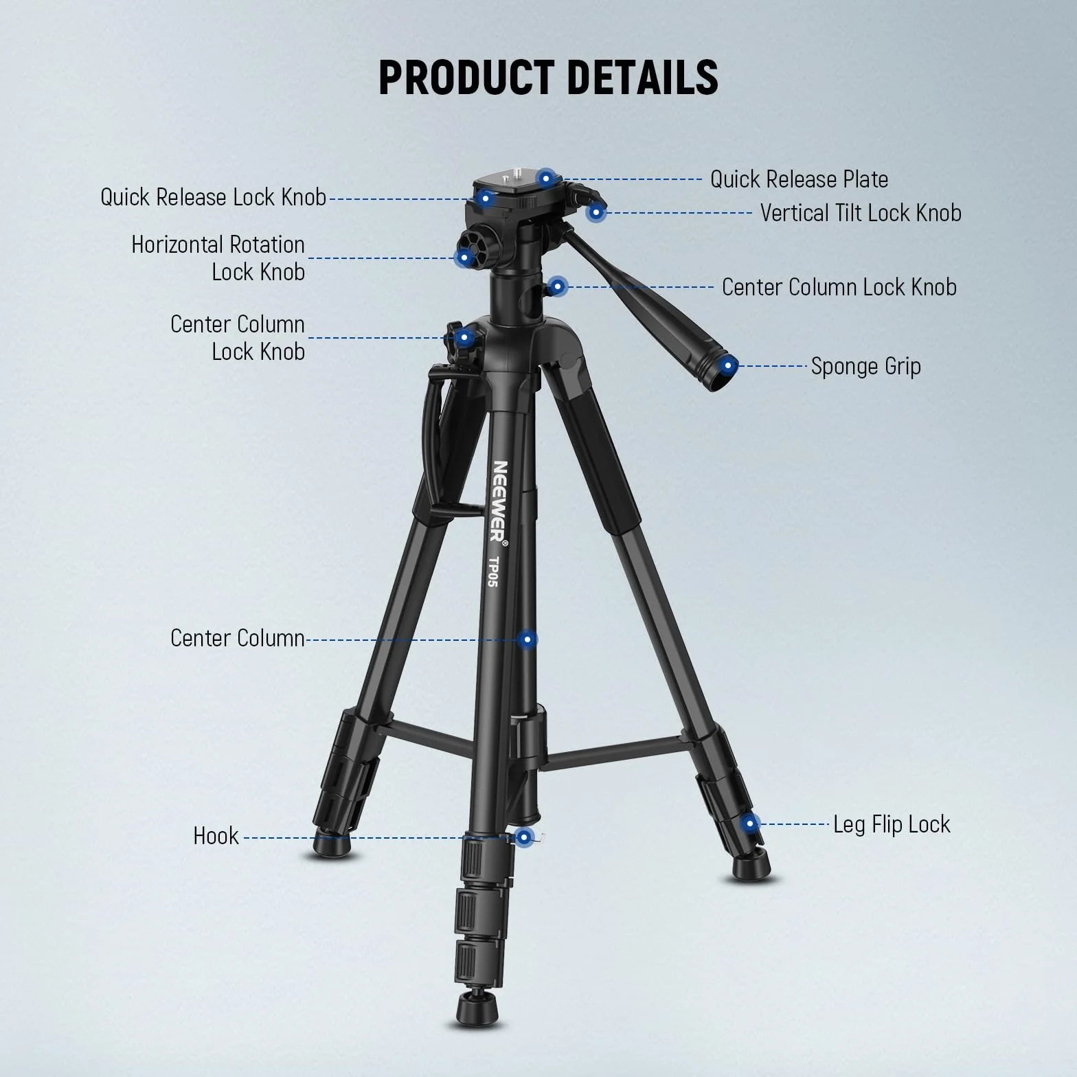 NEEWER BASICS TP05 Statyw Wideo Monopod 188 cm 3-Kierunkowy Uchwyt na Telefon z Głowicą Pan Tilt