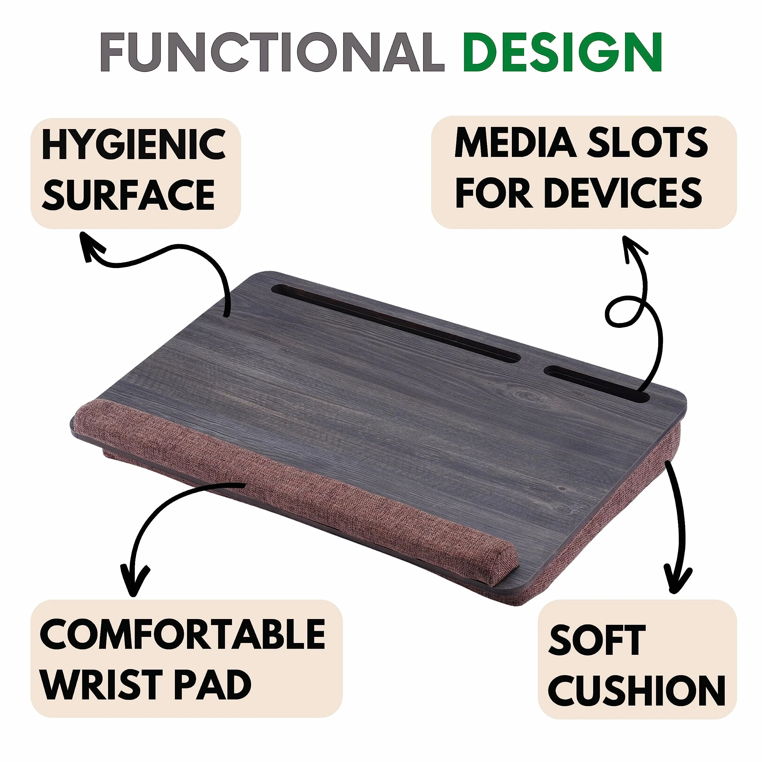 Vigo Wood Drewniane Biurko na Laptopa z Poduszką, Pasuje do 17,3", Przenośny Stolik z Uchwytami na Tablet i Telefon