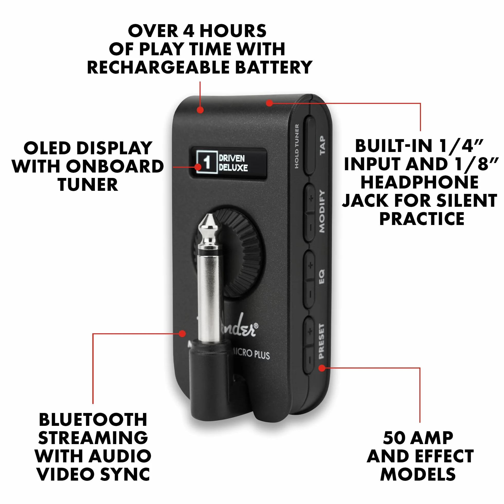 Fender Mustang Micro Plus wzmacniacz gitarowy słuchawkowy 25 modeli 25 efektów Bluetooth 100 ustawień ładowanie USB