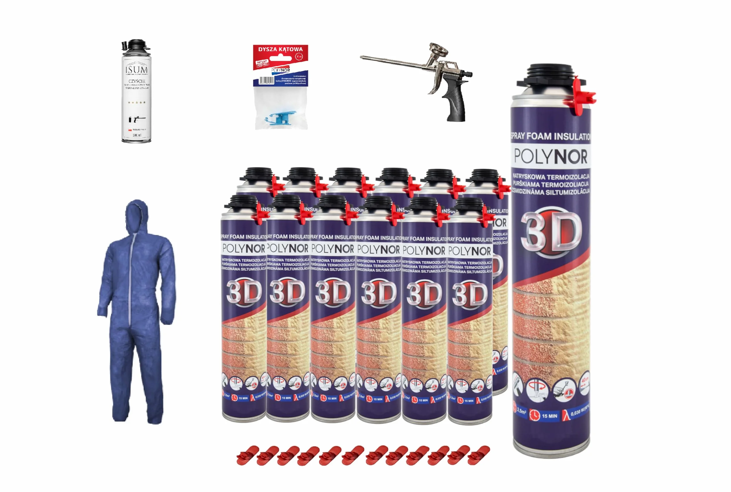 POLYNOR 3D Zestaw do izolacji natryskowej XXL - 24x850ml + akcesoria | natryskowa izolacja termiczna, pianka montażowa PUR, czyścik 500ml, pistolet standard, dysze kątowe, kombinezon
