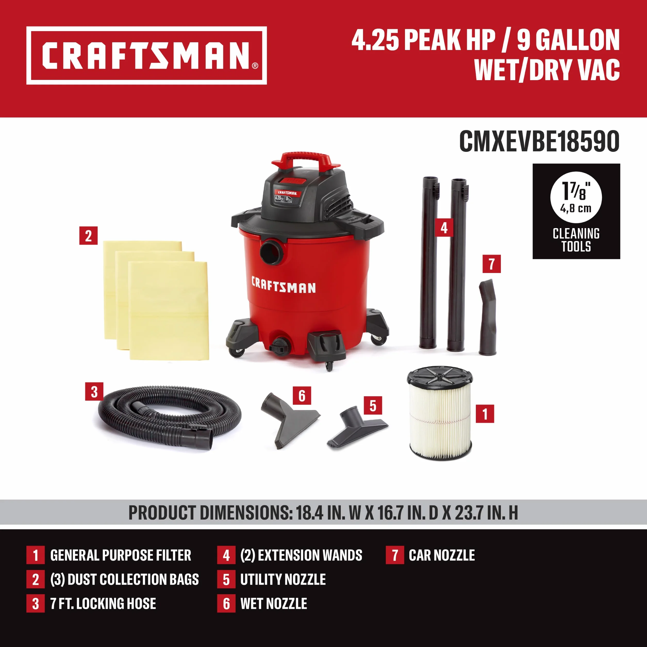Craftsman CMXEVBE18590 Przenośny odkurzacz ogólnego zastosowania z 3 workami do zbierania kurzu i akcesoriami, kolor czerwony