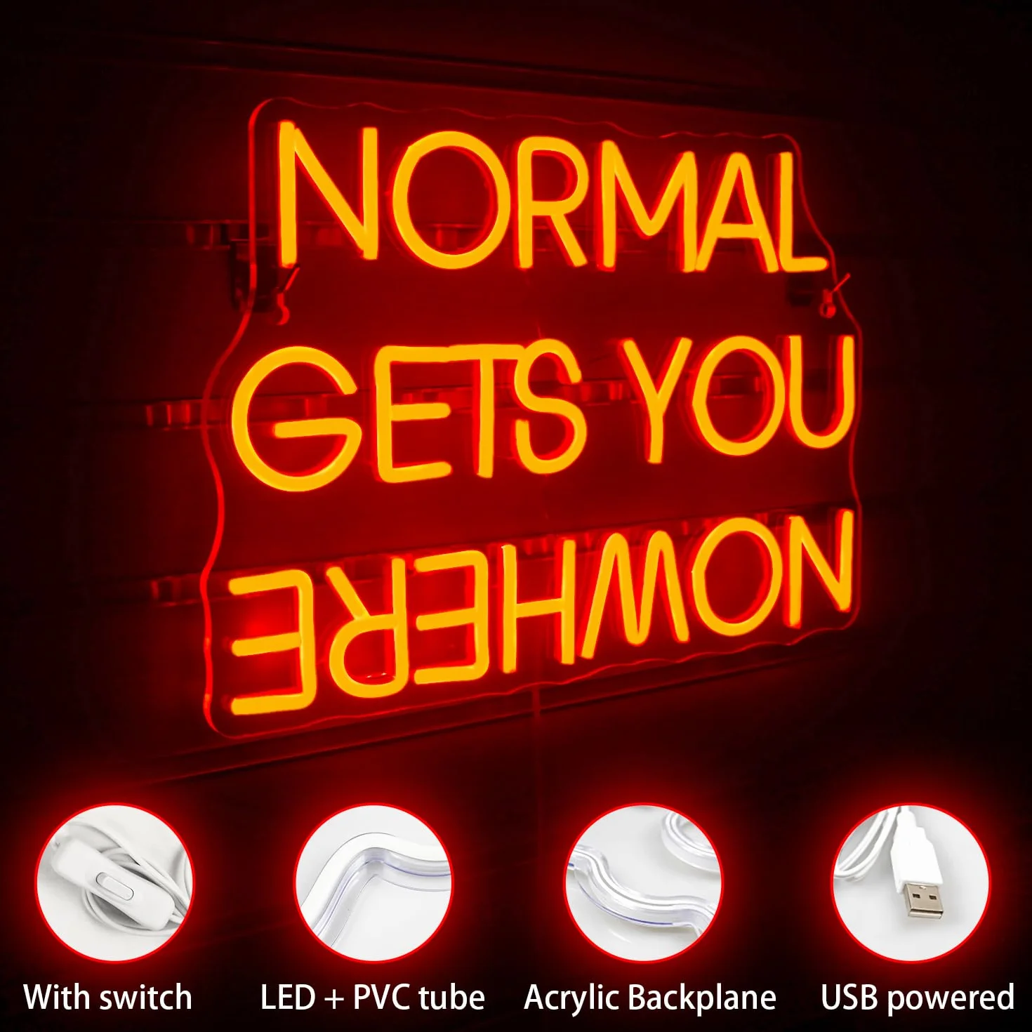 Wanxing Normal Gets You Nowhere neonowy szyld, czerwony, neonowy znak, inspirujące neonowe światło, do dekoracji ściennej, szyld reklamowy LED, do sypialni, fitnessu i obszarów roboczych