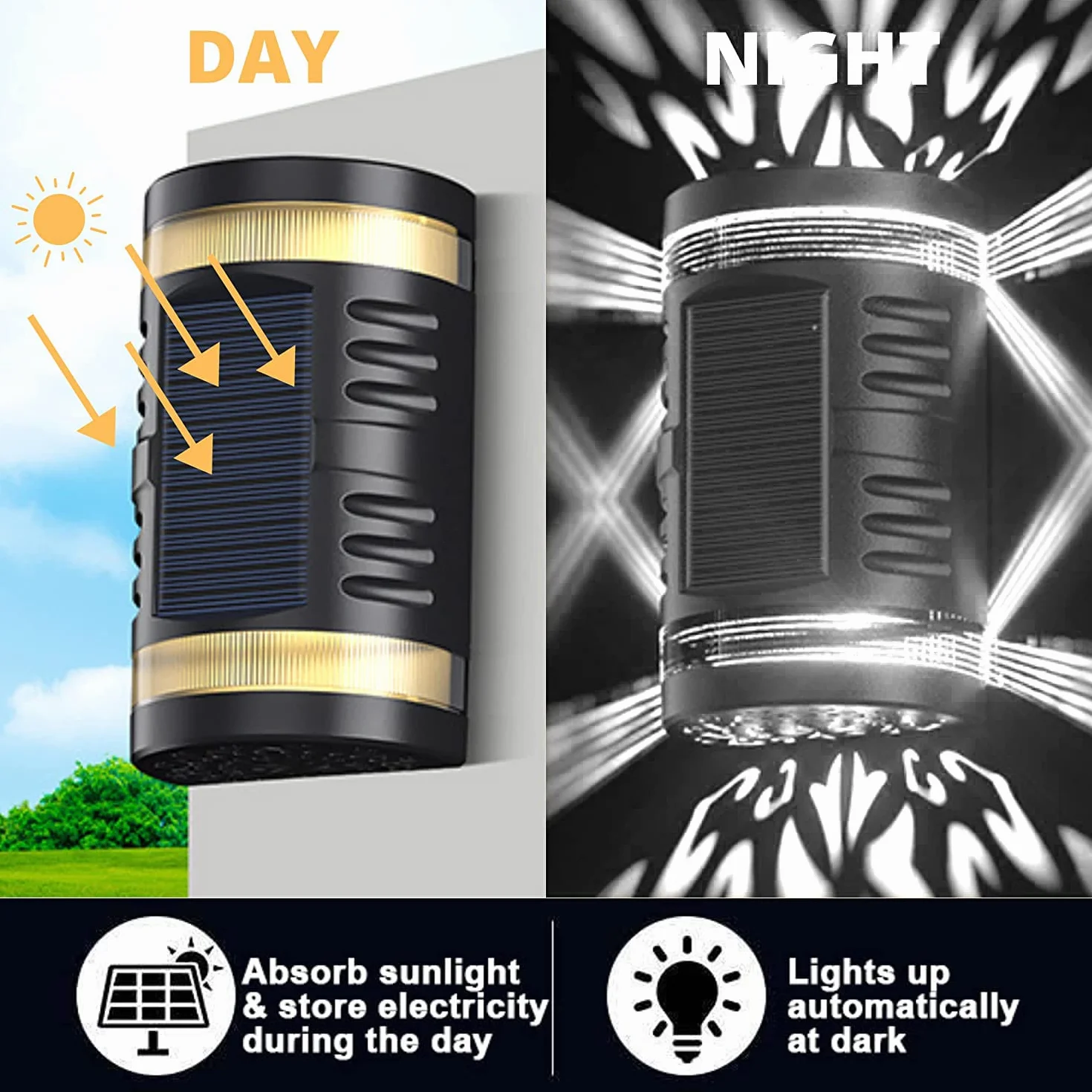 Lampy solarne na zewnątrz, KINGCOO wodoodporne w górę i w dół, 2 diody LED, wydrążone, zasilane energią słoneczną, dekoracyjne lampy ścienne do ogrodu, ogrodzenia, podwórka, oświetlenia ścieżki drzwi wejściowych, 4 szt., białe