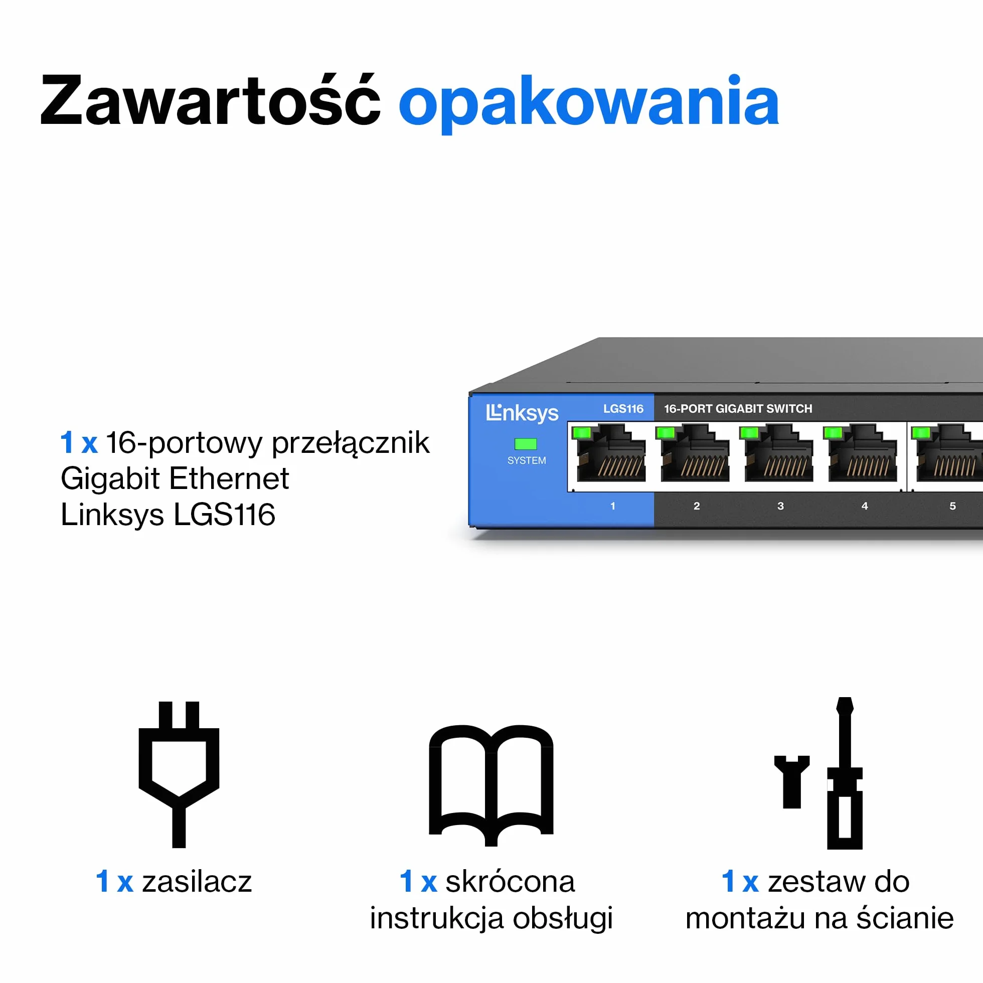 Linksys LGS116-EU 16-portowy gigabitowy niezarządzalny przełącznik sieciowy Ethernet, metalowa obudowa, Plug & Play