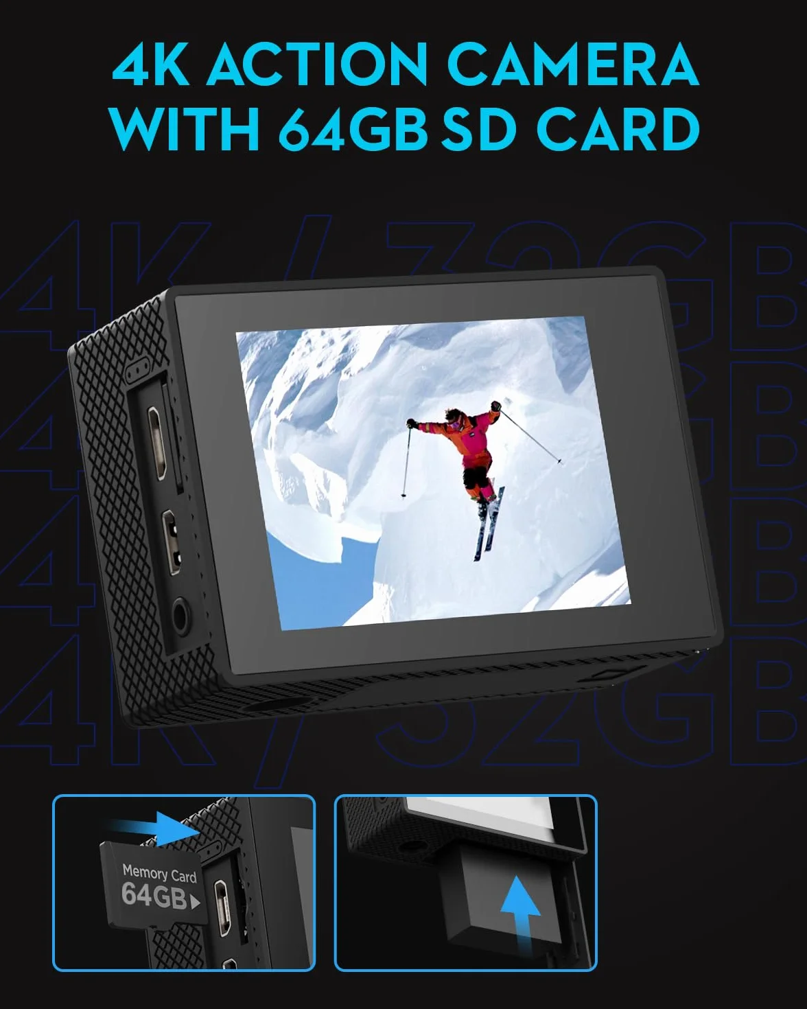 Kamera sportowa 4K 30 kl./s z kartą SD 64G, wodoodporna kamera HD 39.9 m podwodne kamery 20 MP nagrywanie wstępne WiFi kamera 170° zdalnie sterowane kamery sportowe z 2 bateriami zestaw akcesoriów do