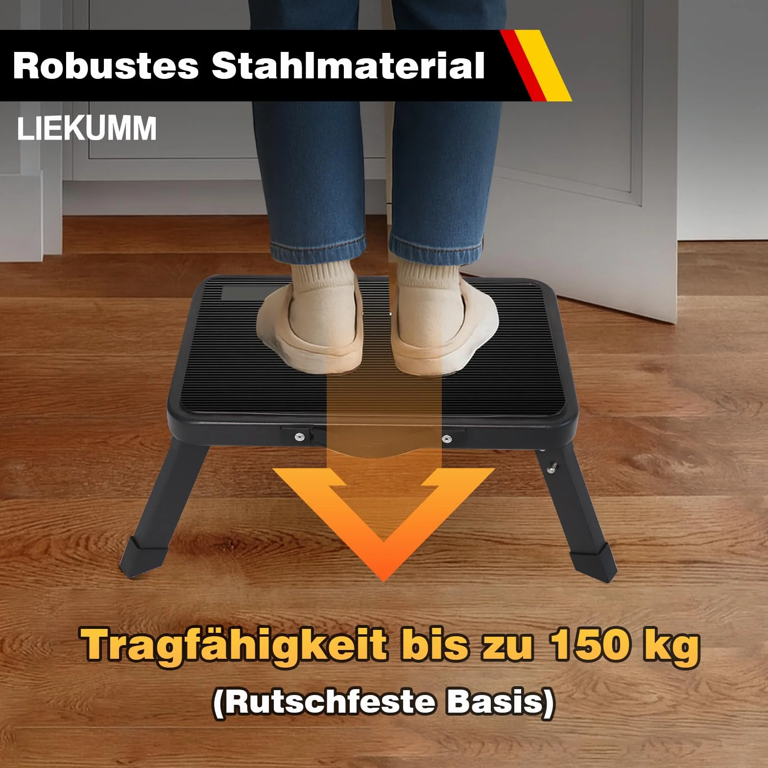 LIEKUMM Przenośny stołek, jednostopniowa składana drabina, platforma robocza z antypoślizgowymi nóżkami, platforma robocza do garażu, kuchni, biura, czarna, pojemność 150 kg