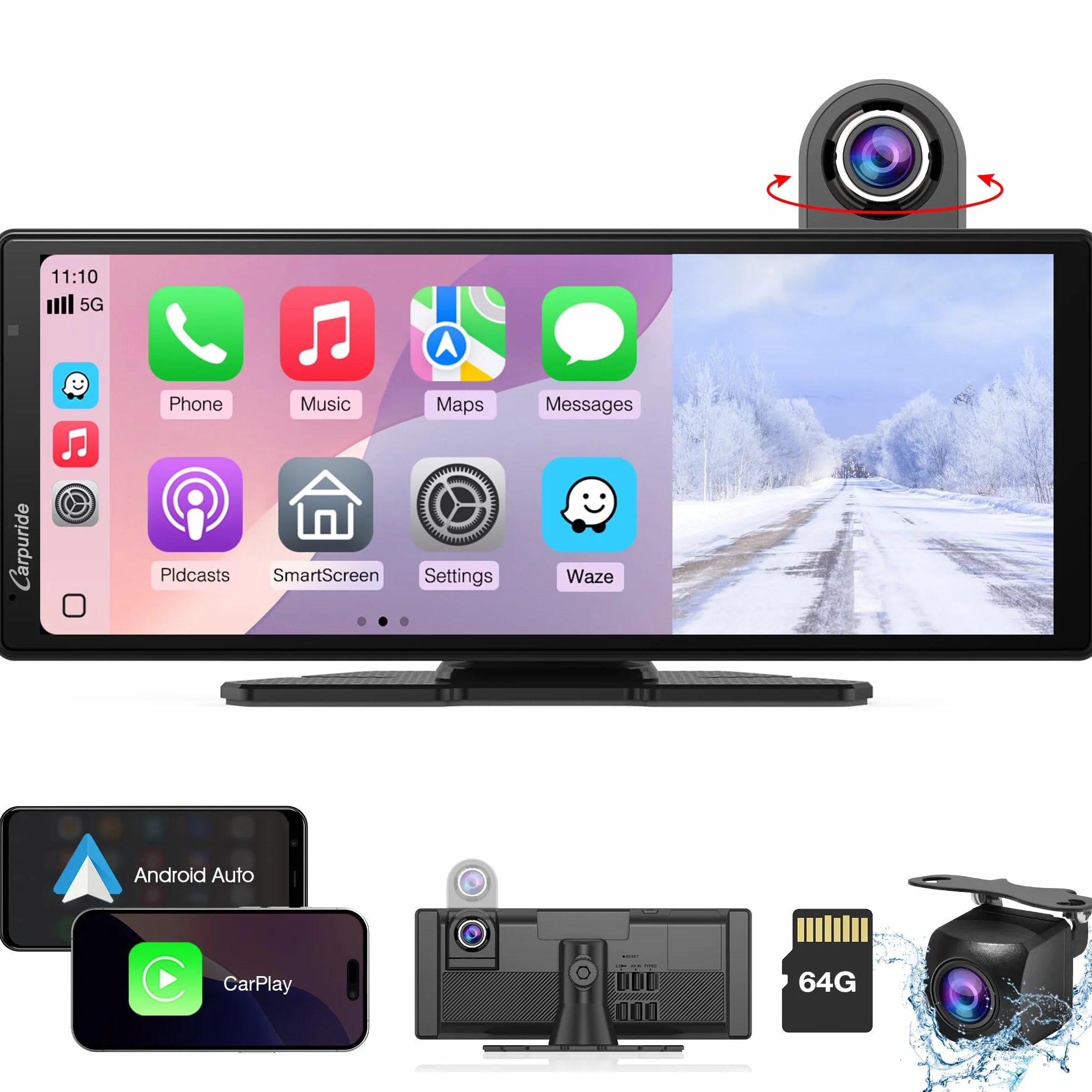 Carpuride Wireless Carplay i Android Auto z kamerą samochodową - 10,26-calowy ekran dotykowy HD IPS Car Play do samochodu, kamera przednia 4K i tylna 1080P, nagrywanie w pętli, dźwięk Bluetooth