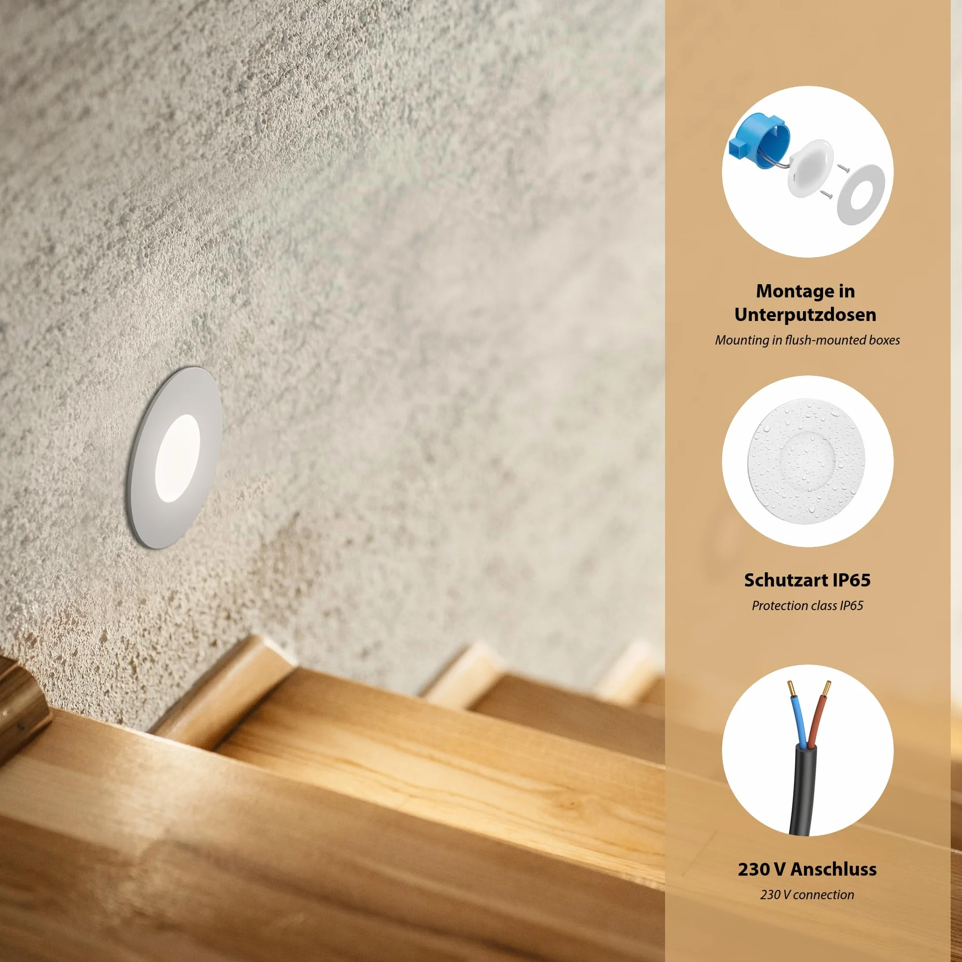 ledscom.de 10 Lampa schodowa LED/wpuszczana lampa ścienna FEX do użytku wewnątrz i na zewnątrz, okrągła, Ø 85 mm, ciepła biel