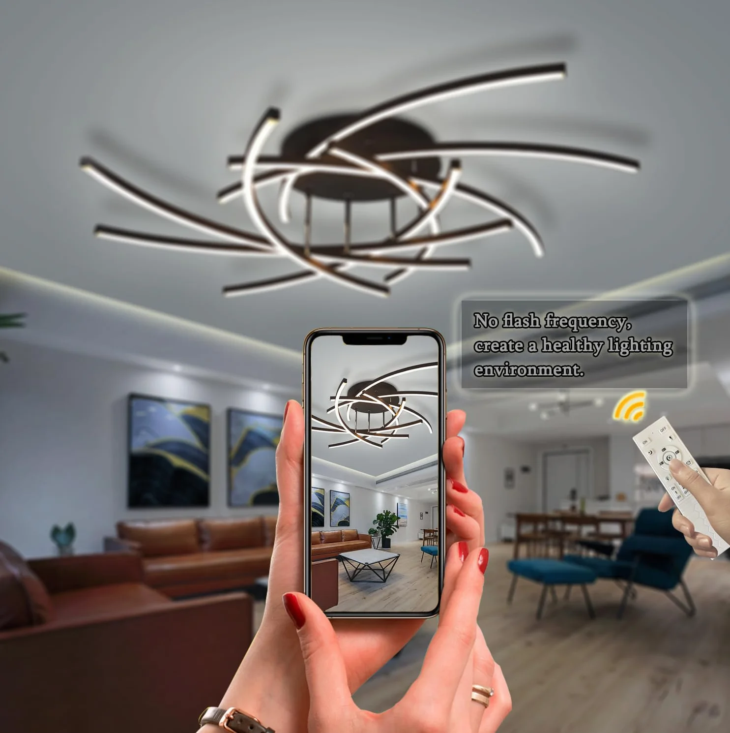 Lampa sufitowa LED Ściemnialna lampa do salonu Sufit z pilotem Nowoczesna lampa sufitowa do sypialni Projektowanie wnętrz Oświetlenie sufitowe Salon Jadalnia kuchenne (Czarny, 8-płomień,100cm,120W)