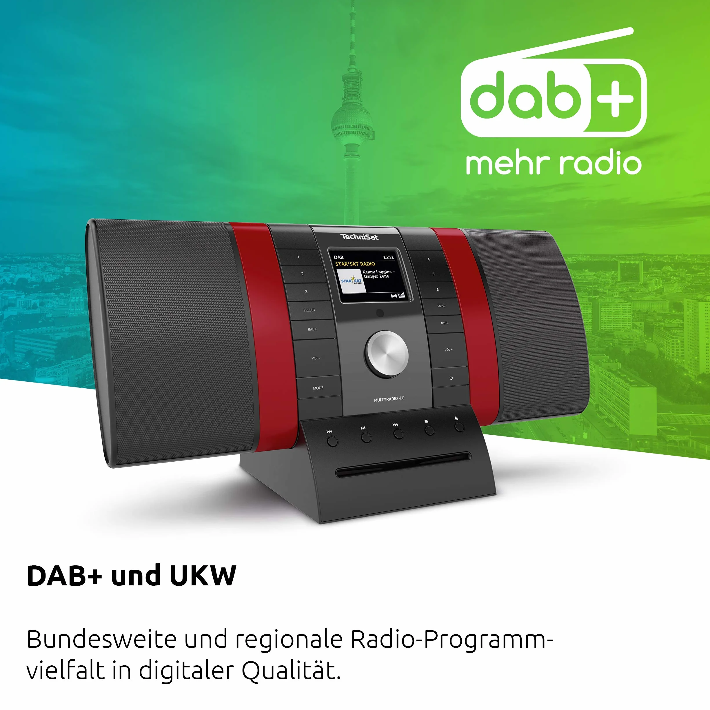 TechniSat MULTYRADIO 4.0 - radio internetowe (WLAN, DAB+, UKW, Spotify, Bluetooth, odtwarzacz CD, USB, kolorowy wyświetlacz, streaming muzyki, 2 x 10 W głośniki stereo) czarne/czerwone