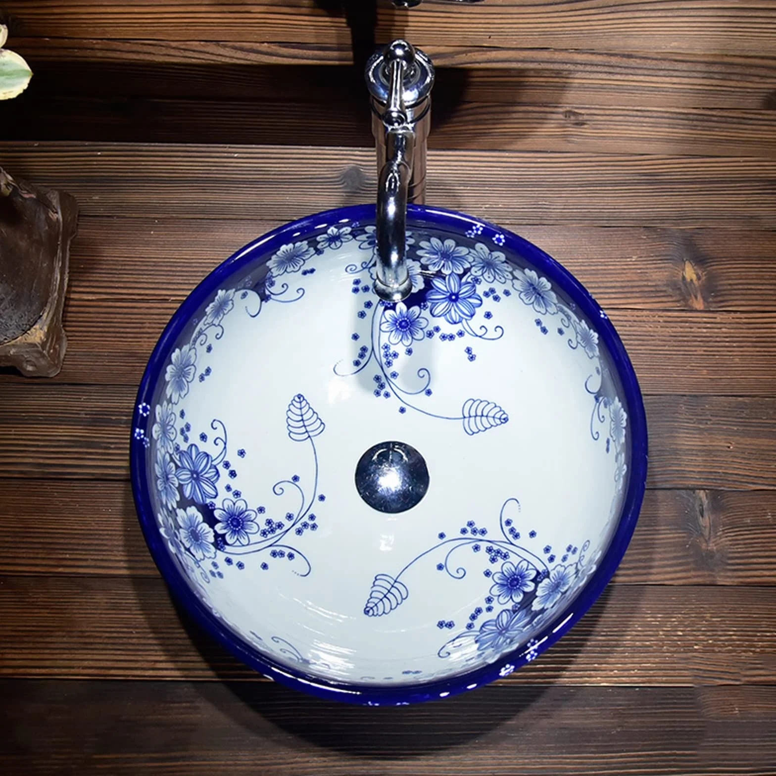 Umywalka Łazienkowa W Chińskiej Tradycji, Niebiesko-Biała, Porcelanowa, Okrągła, Ceramiczna Umywalka Nablatowa, Umywalka Nablatowa Do Łazienki