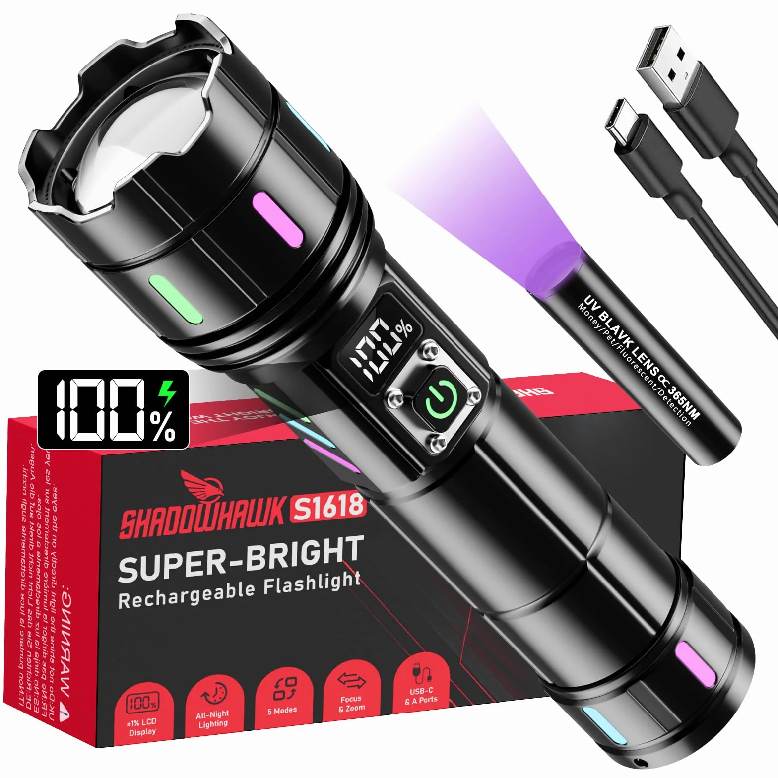 Shadowhawk Latarka LED, ładowalna, 500 000 lumenów, niezwykle jasna, taktyczna, czas pracy 12 godzin, z baterią 5000 mAh, latarka IP67 USB C+A, na zewnątrz/kemping/wędrówki, zoom i wyświetlacz LCD, 5