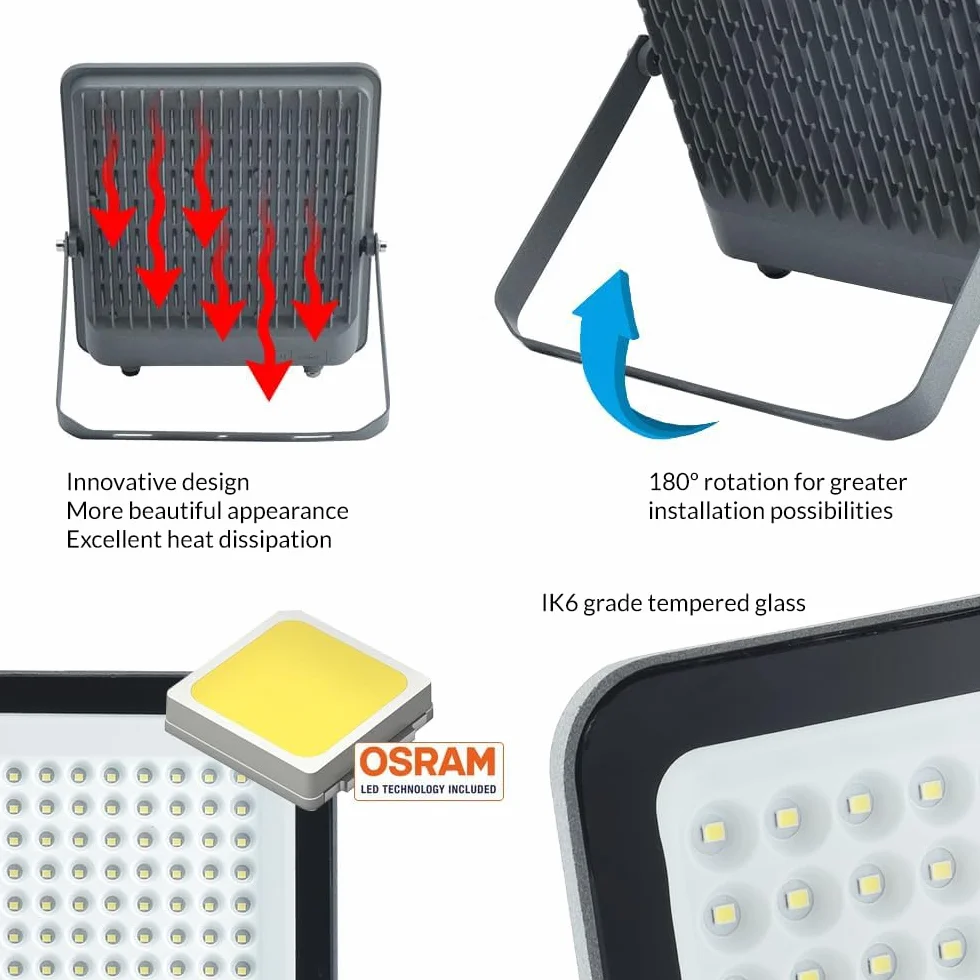 M Ledme - Napoli Plus reflektor LED 100 W, 12 000 lumenów, IP65 możliwość ściemniania, barwa zimnej światła (6000 k), oświetlenie zewnętrzne, do użytku w ogrodzie, na podwórku, parkingu, hotelu,