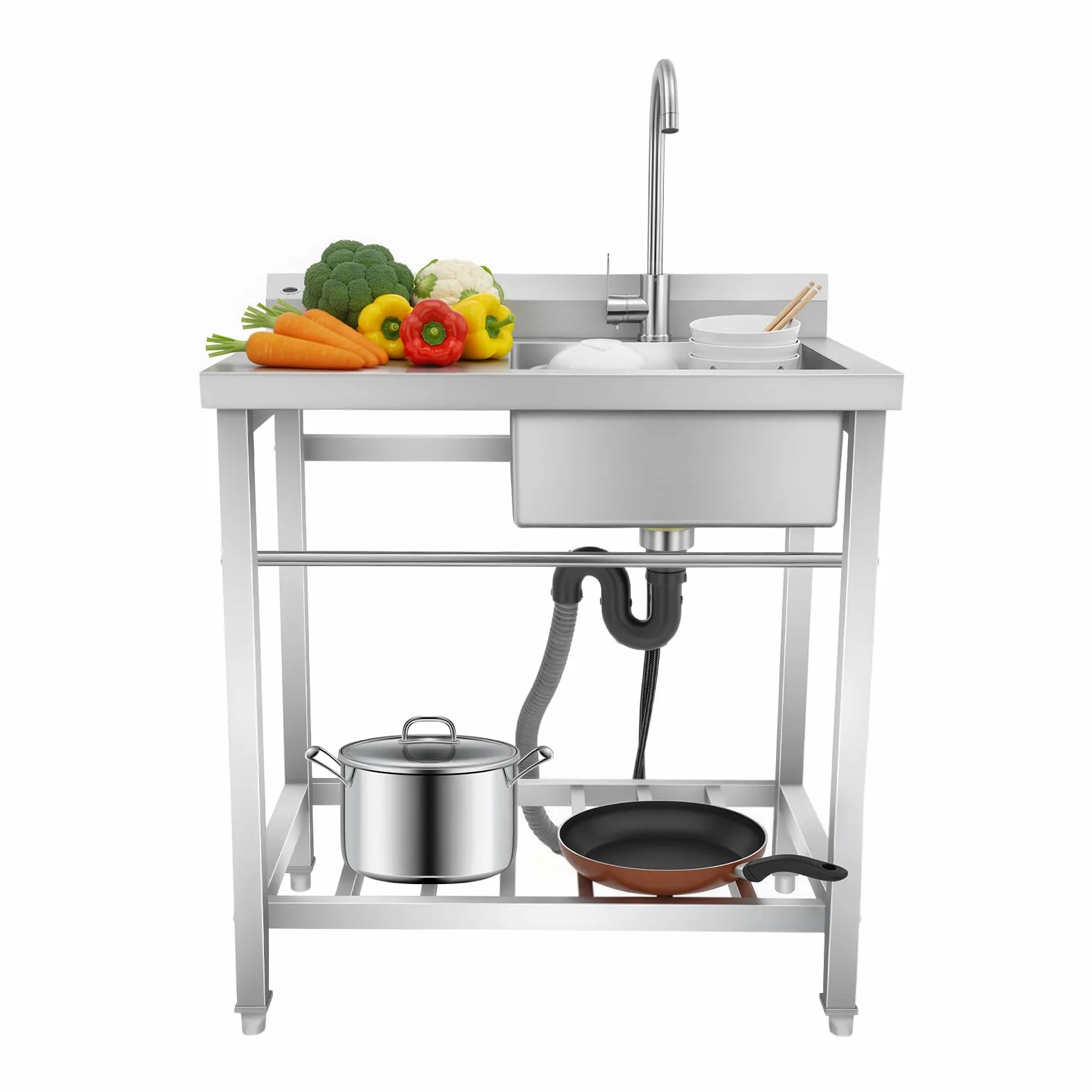 Wolnostojący zlew kuchenny ze stali nierdzewnej 201, pojedyncza miska z blatem roboczym, dolnym regałem i obracanym o 360° kranem, nośność 100 kg, regulowane nóżki do restauracji, podwórka i kuchni