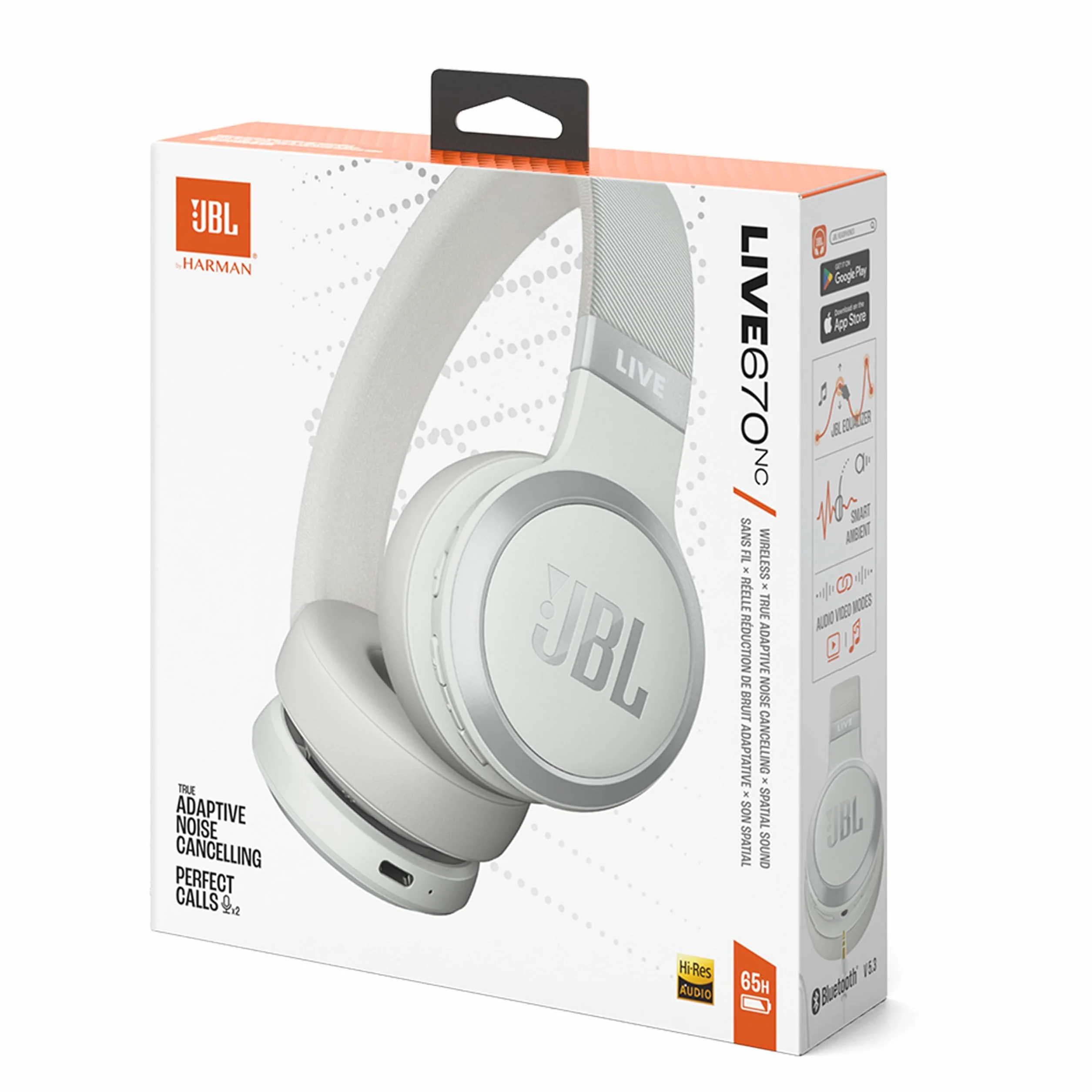 JBL Live 670 NC Bezprzewodowe Słuchawki Nauszne, Bluetooth 5.3, Mikrofon, 65h Baterii, Białe