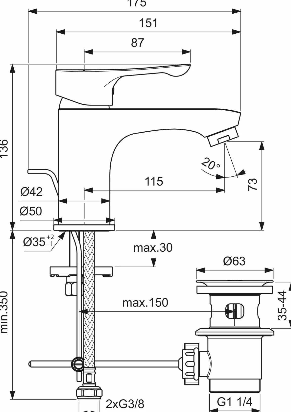 Ideal Standard BC647AA Alpha armatura umywalkowa z zestawem odpływowym z przyciskiem pociągowym