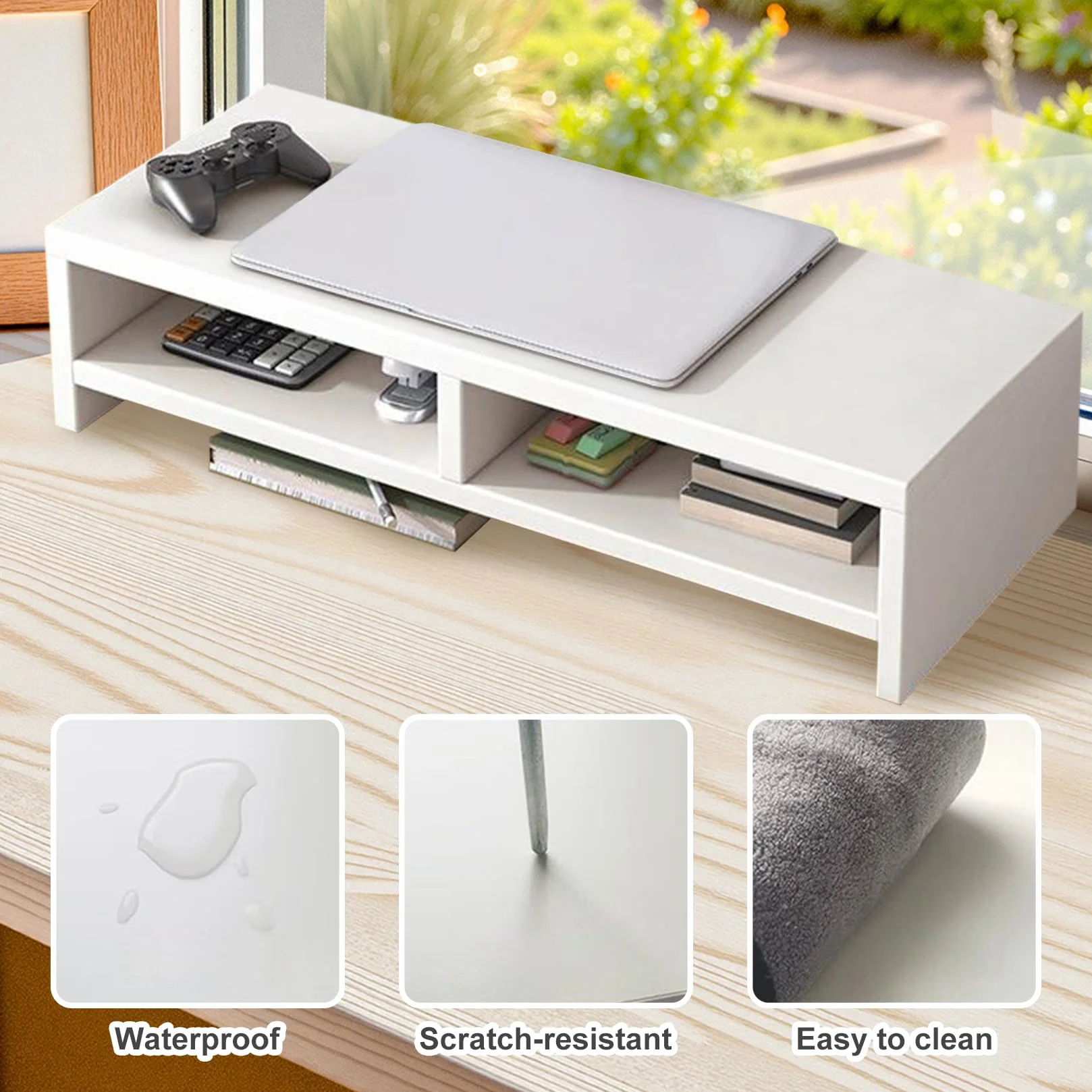 Stojak Na Monitor Biały Z Drewna z 2 Półkami Podwyższenie Ekranu Stojak Na Monitor Komputerowy Na Biurko Idealny Do Domowego Biura 40 X 20 X 13 Cm