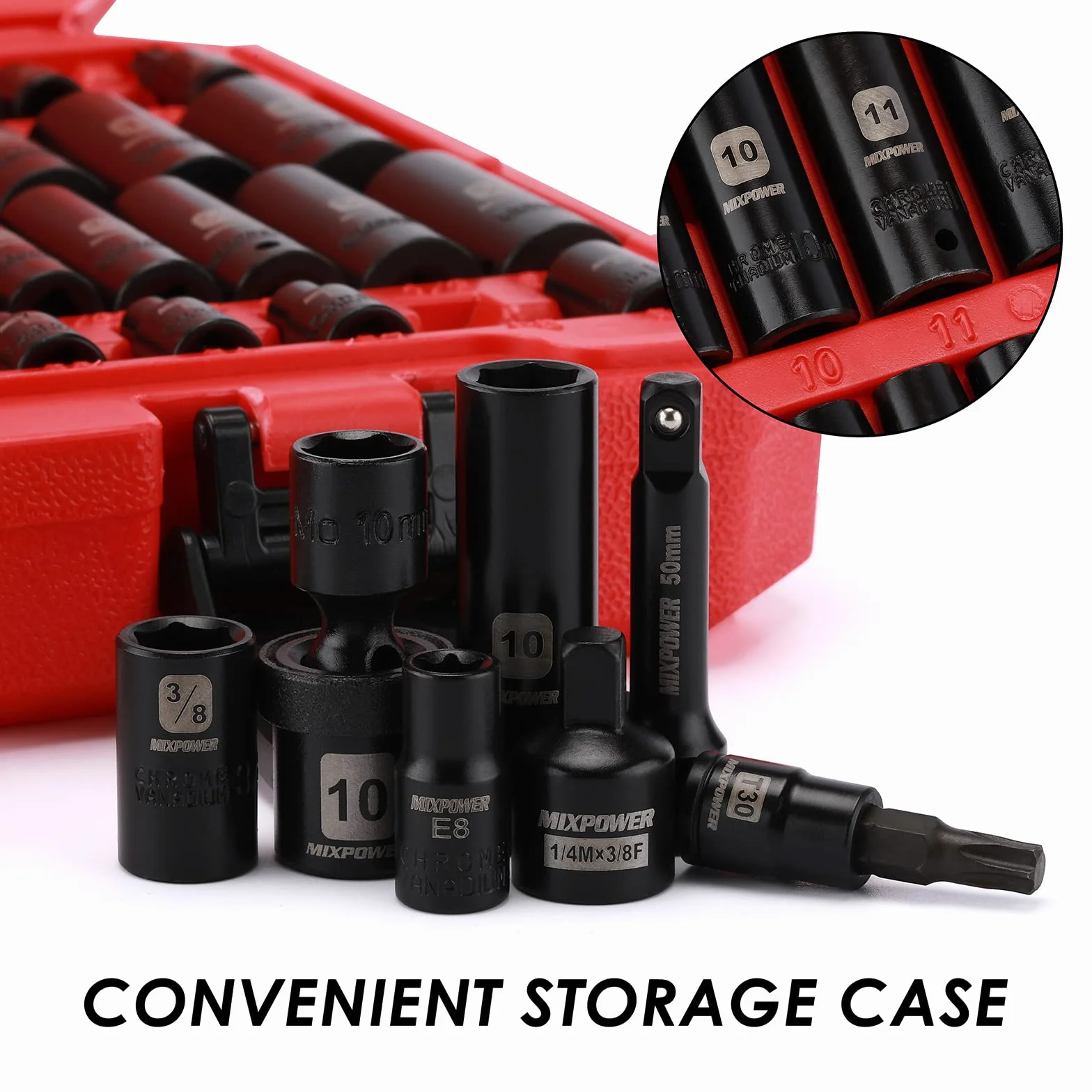 MIXPOWER 86 szt. 1/4" Drive Master Impact zestaw nasadek udarowych, uniwersalne/głębokie/standardowe/Torx/odwrócone gniazdo Torx, klasa udaru, metryczne i SAE, 6 punktów