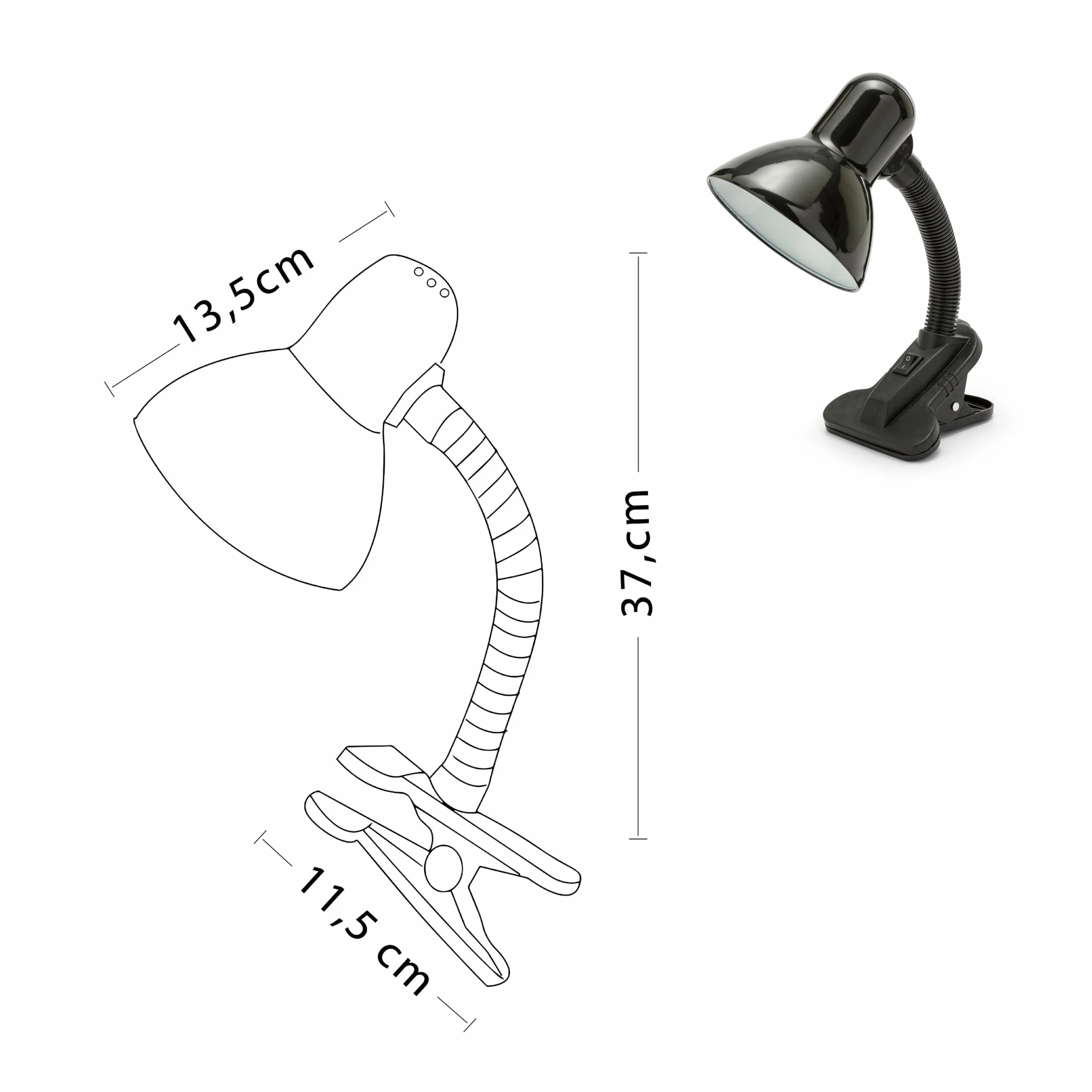 Velamp Lampa z klipsem, E27, kompatybilna z LED, elastyczne ramię, z kablem i przełącznikiem, do pokoju dziecięcego, biurka, metalu, 6 W, czarna