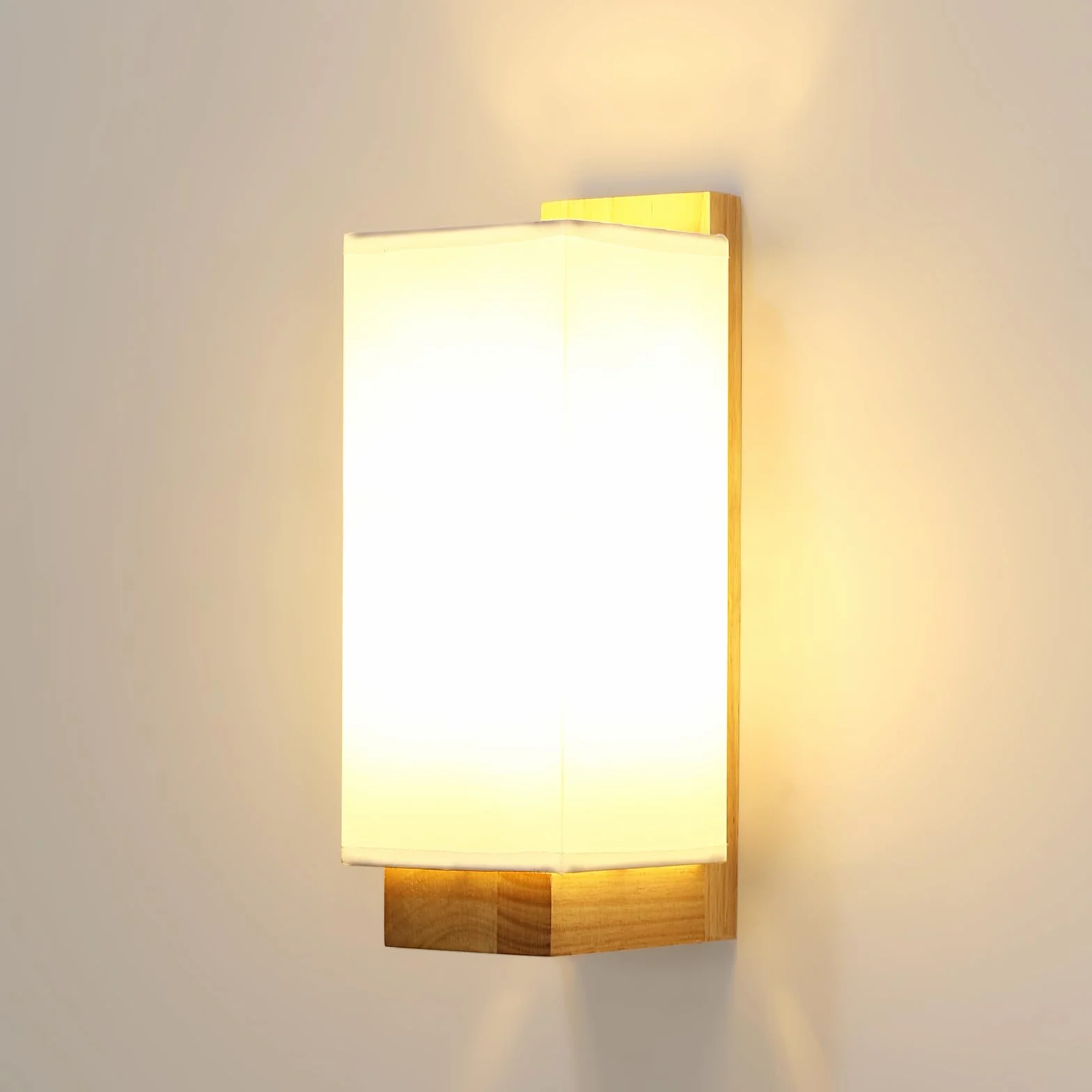 Comely Drewniany Kinkiet Wewnętrzny, Lampa Ścienna Z Kloszem Tkaninowym E27, Wewnętrzna Oprawa Ścienna Do Sypialni Korytarza Schodów Salonu, Prostokątny (Żarówka Nie Dołączona)