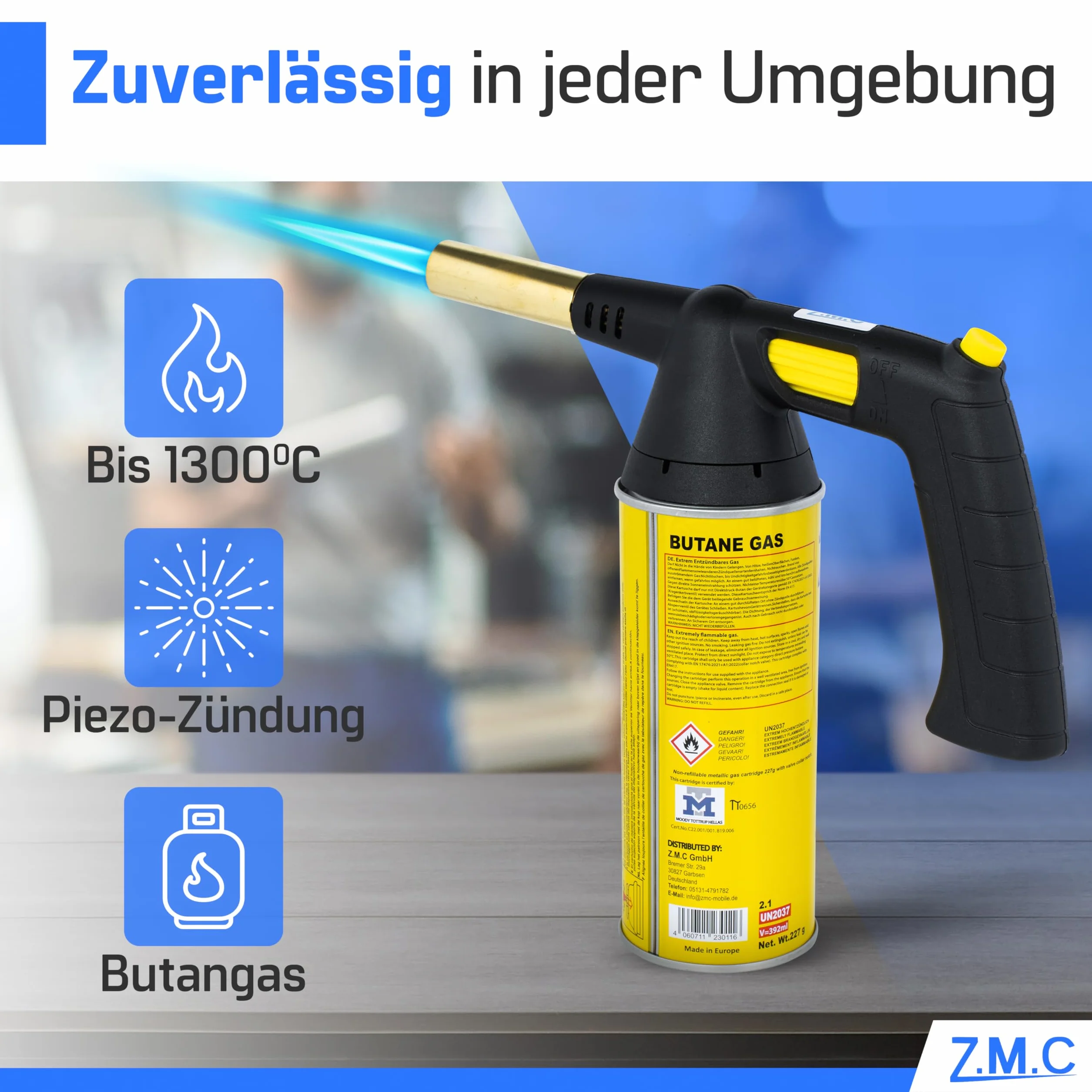 ZMC palnik do lutowania, zapalarka gazowa z zapłonem piezoelektrycznym + 4 x kartusze 227 g | nasadka Bunsena, palnik do flambira, zapalarka węgielka, lampa lutownicza