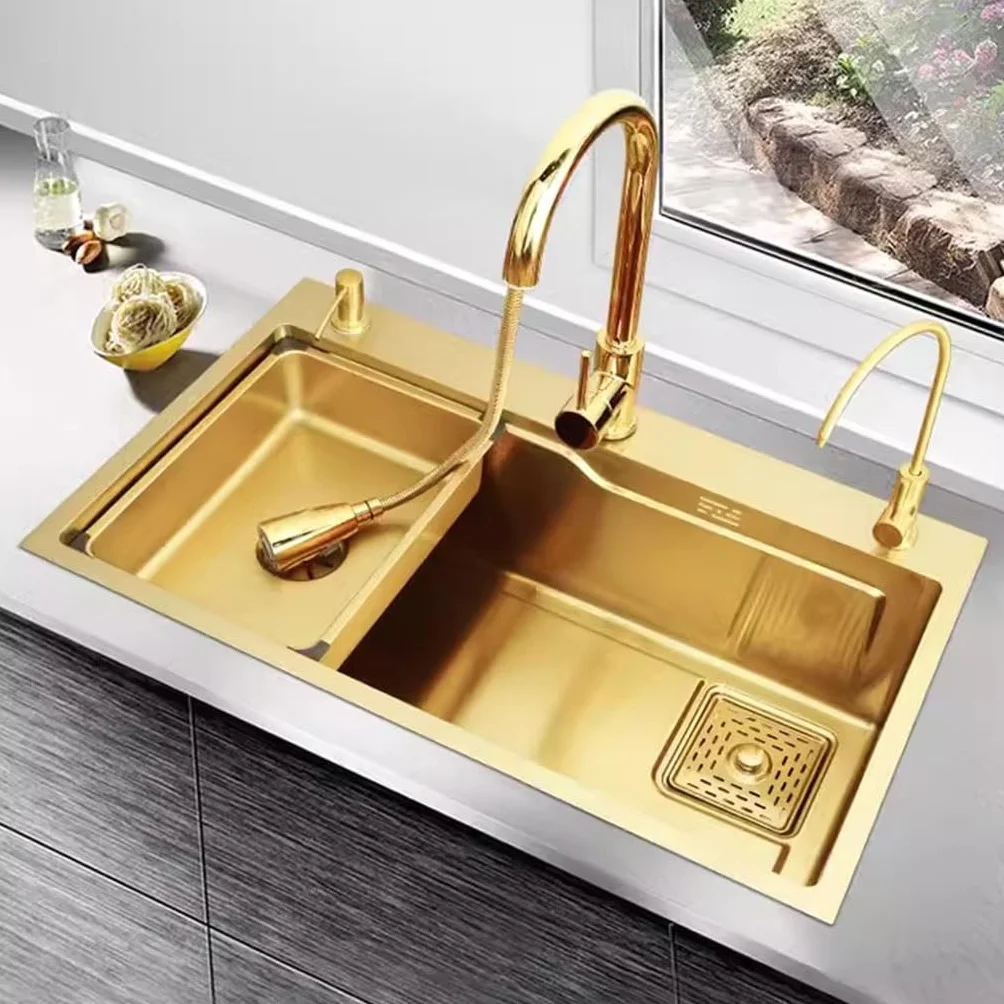 Zlewozmywak ze stali nierdzewnej Nano Gold 304, duży pojedynczy zlew ze stali nierdzewnej z wyciąganym kranem, centralna wyspa bar umywalka z kranem oczyszczającym