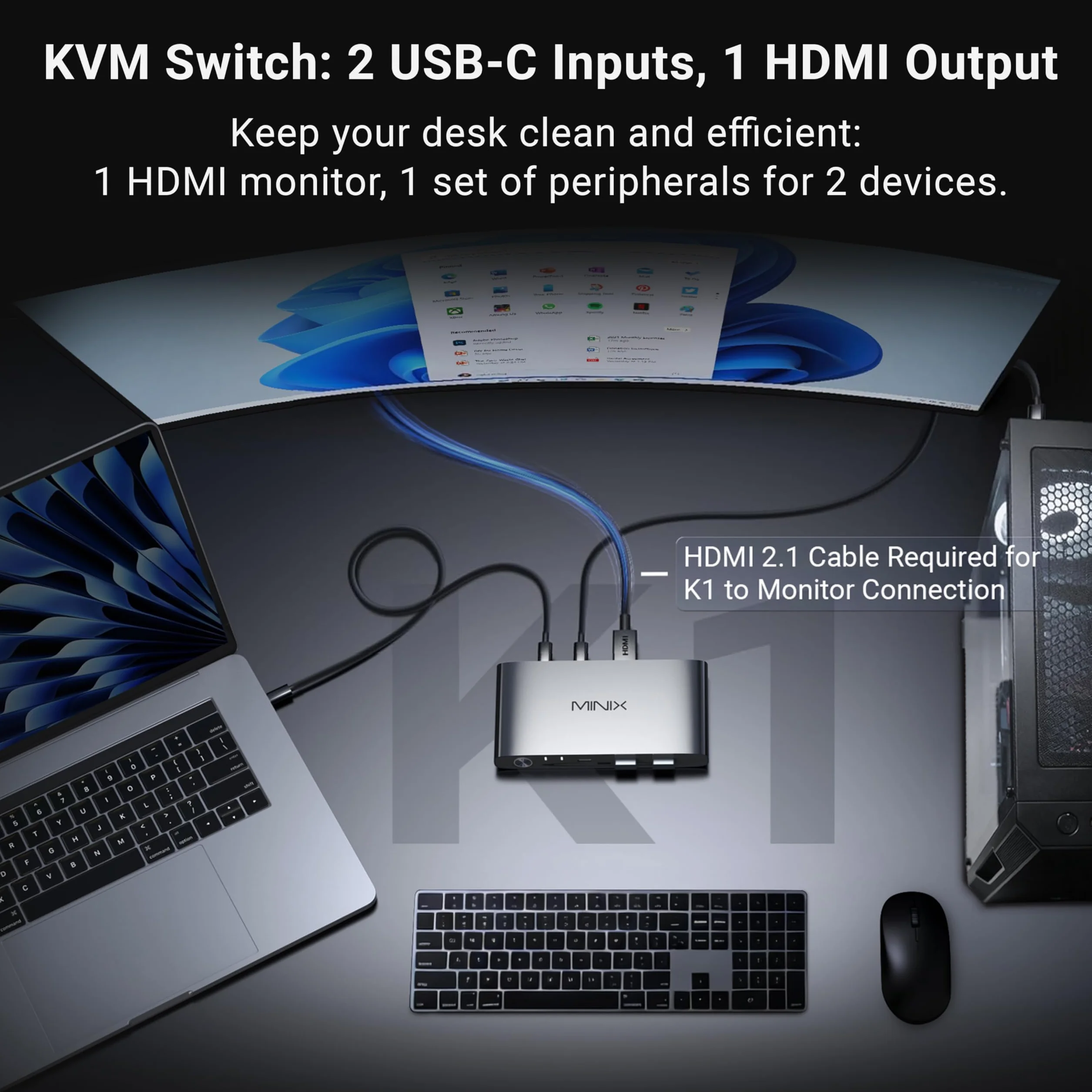 MINIX K1 przełącznik KVM USB C 2 komputery 4K 120 Hz HDR 100 W PD 3.0 aluminiowa konstrukcja