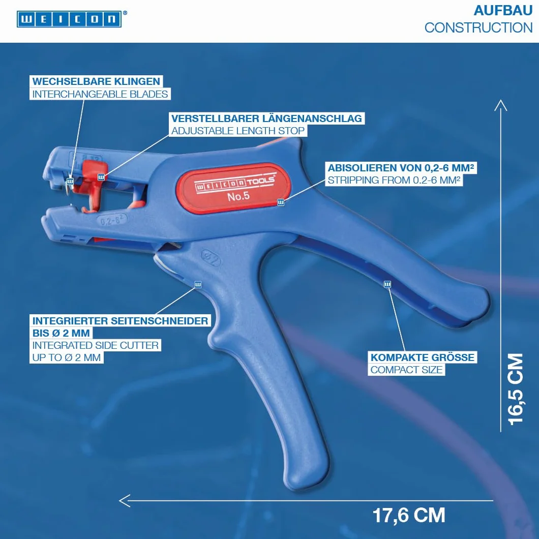 WEICON TOOLS Nr 5, automatyczne szczypce do zdejmowania izolacji do przewodów 0,2–6 mm², ze zintegrowanym obcinaczem bocznym