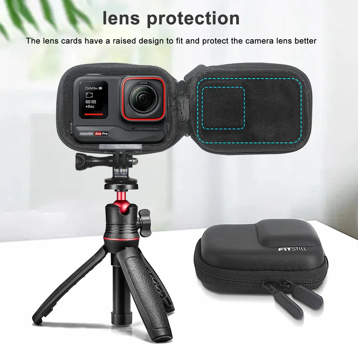 FiTSTILL Czarna Torba Na Aparat Kompaktowy PU Do INSTA360 Ace Pro 2/Ace, DJI Osmo Action 5/4/3, Twarda Obudowa Podróżna, Walizka