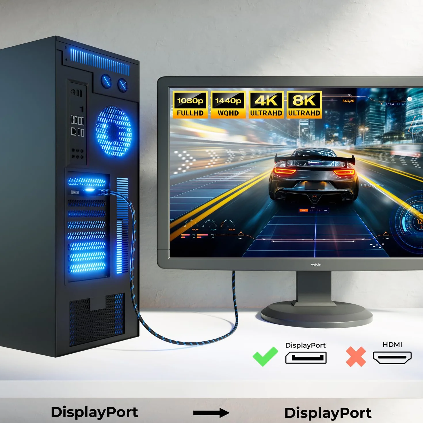 deleyCON 3,0m Kabel DisplayPort 1.4 8K@60Hz 4K@165Hz 2K@360Hz HDR AMD FreeSync NVIDIA G-Sync do Monitora