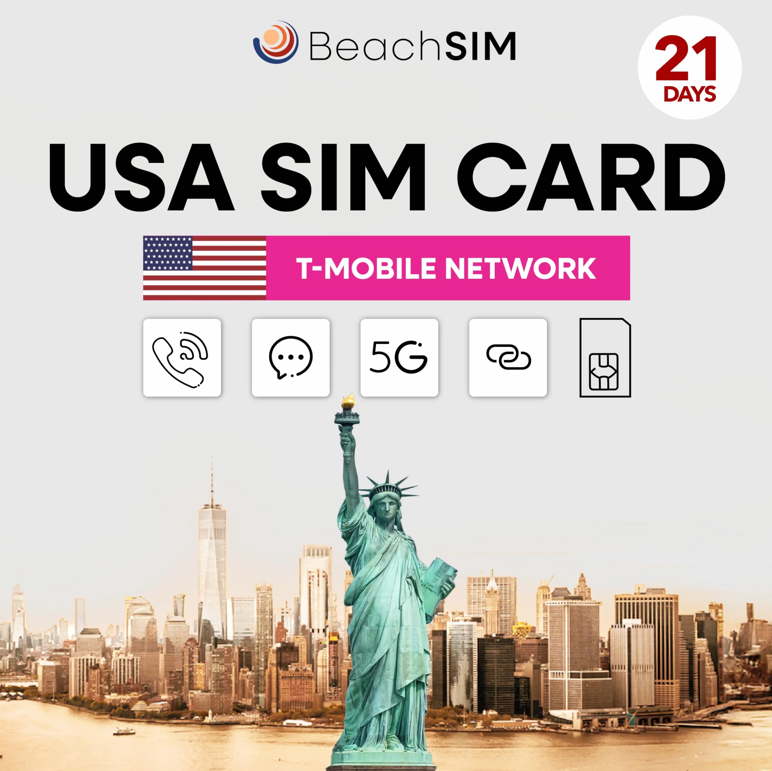 Karta SIM USA T-Mobile 21 dni Nielimitowane dane 5G połączenia SMS iOS Android