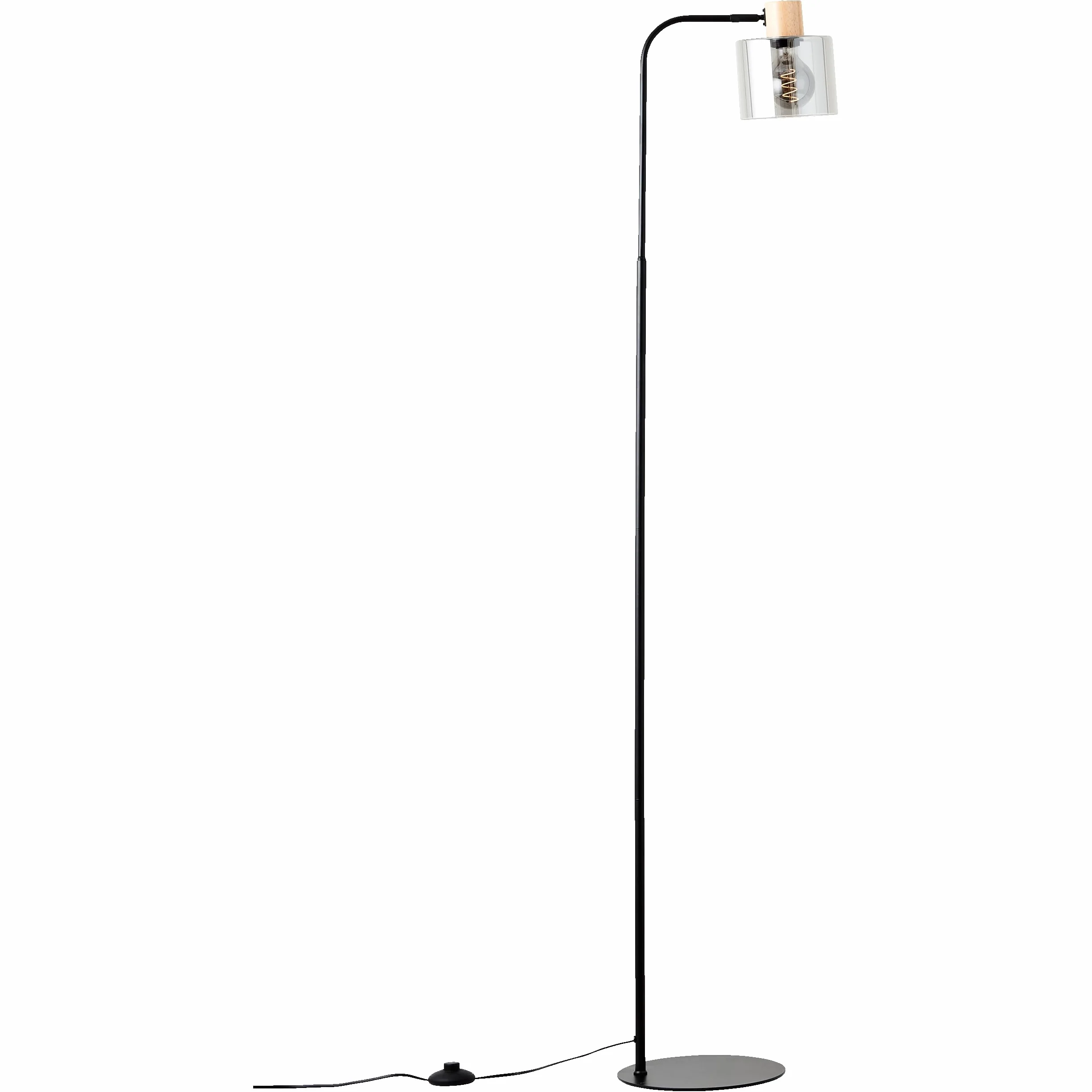 Lightbox Nowoczesna lampa stojąca – 160 x 25 x 32 cm – lampa stojąca z kloszem i oprawką ze szkła w kolorze przydymionym i oprawką z drewna (kauczuk) i przełącznikiem – E27 – z metalu/szkła/drewna – w