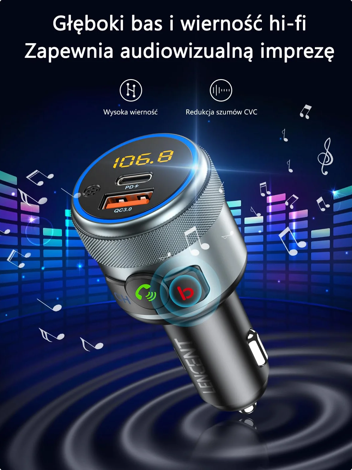 LENCENT 5.1 Nadajnik FM Bluetooth Samochodowy Bezprzewodowy Adapter Radiowy z PD3.0 USB-A i QC3.0 USB-C Ładowarka