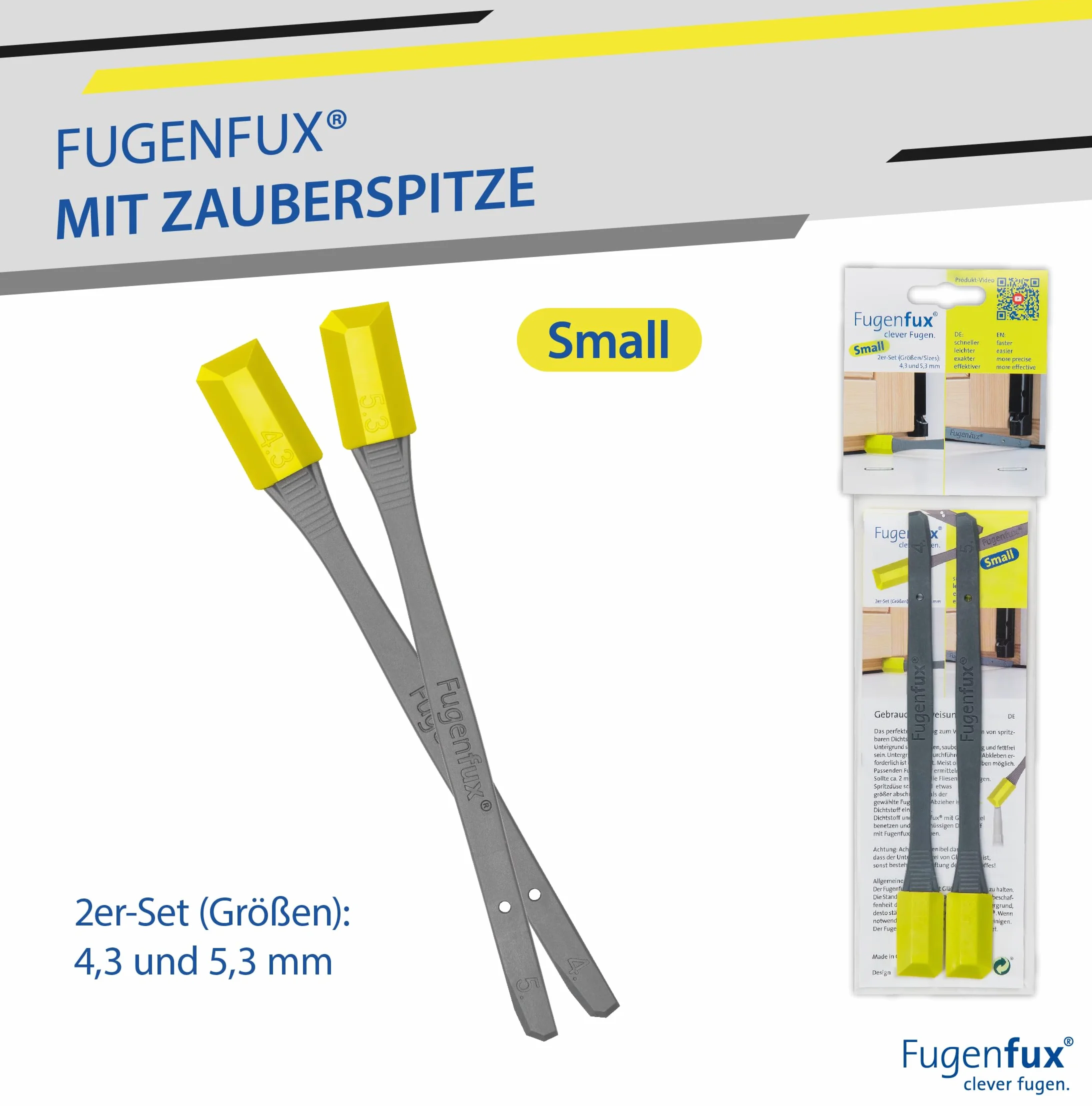 FUGENFUX® Mały nowy | specjalny ściągacz do fug do małych fug | zestaw 2 sztuk w rozmiarach 4,3 i 5,3 mm | rewolucyjna magiczna końcówka do ciasnych miejsc (model 2024)