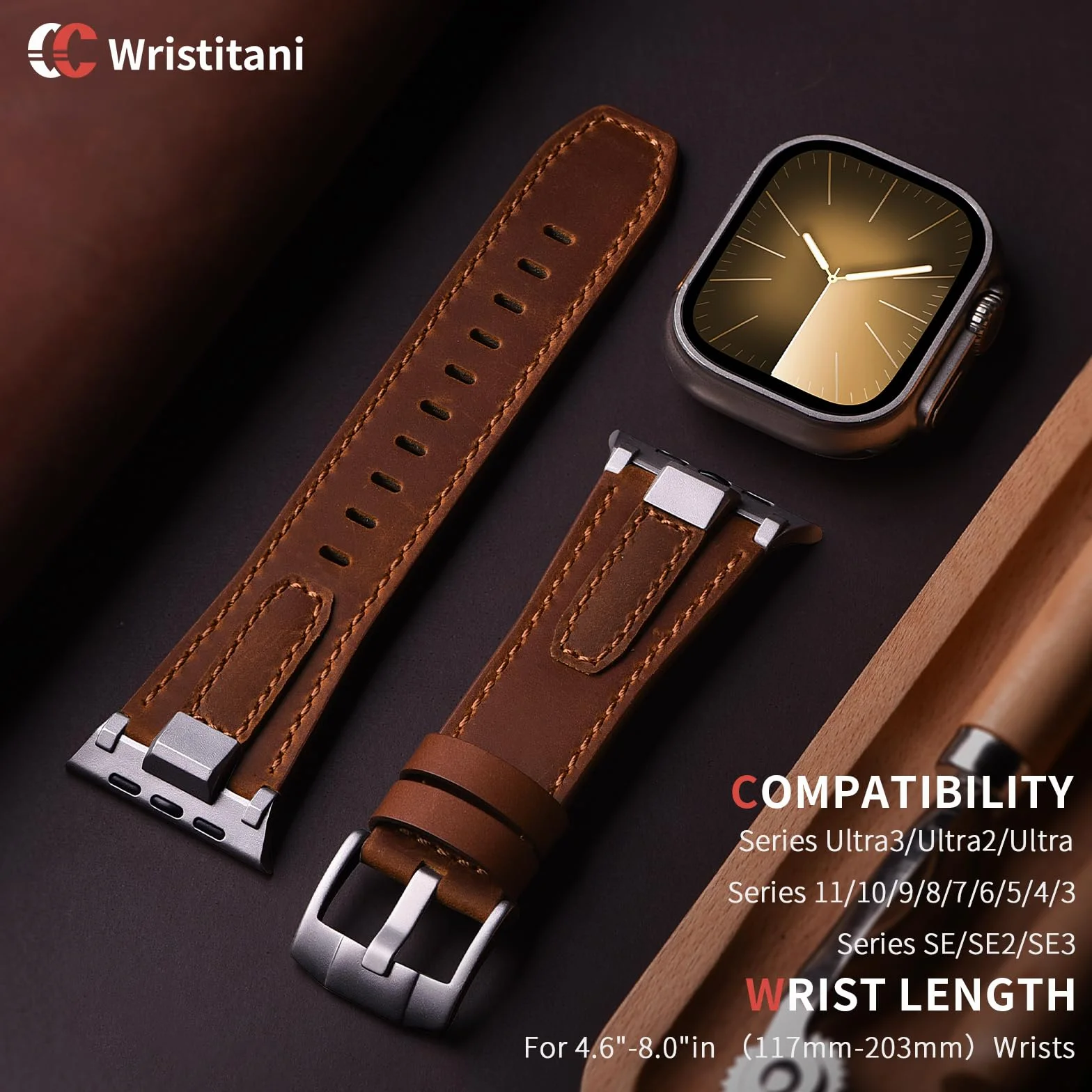 Wristitani Skórzany pasek kompatybilny z zegarkiem Apple Watch 44 mm, 45 mm, 46 mm, 42 mm, 49 mm, dla mężczyzn, pasek zastępczy do iWatch Ultra 3/2/1 Series 11 10 9 8 7 SE3 SE2 SE 6 5 4 3