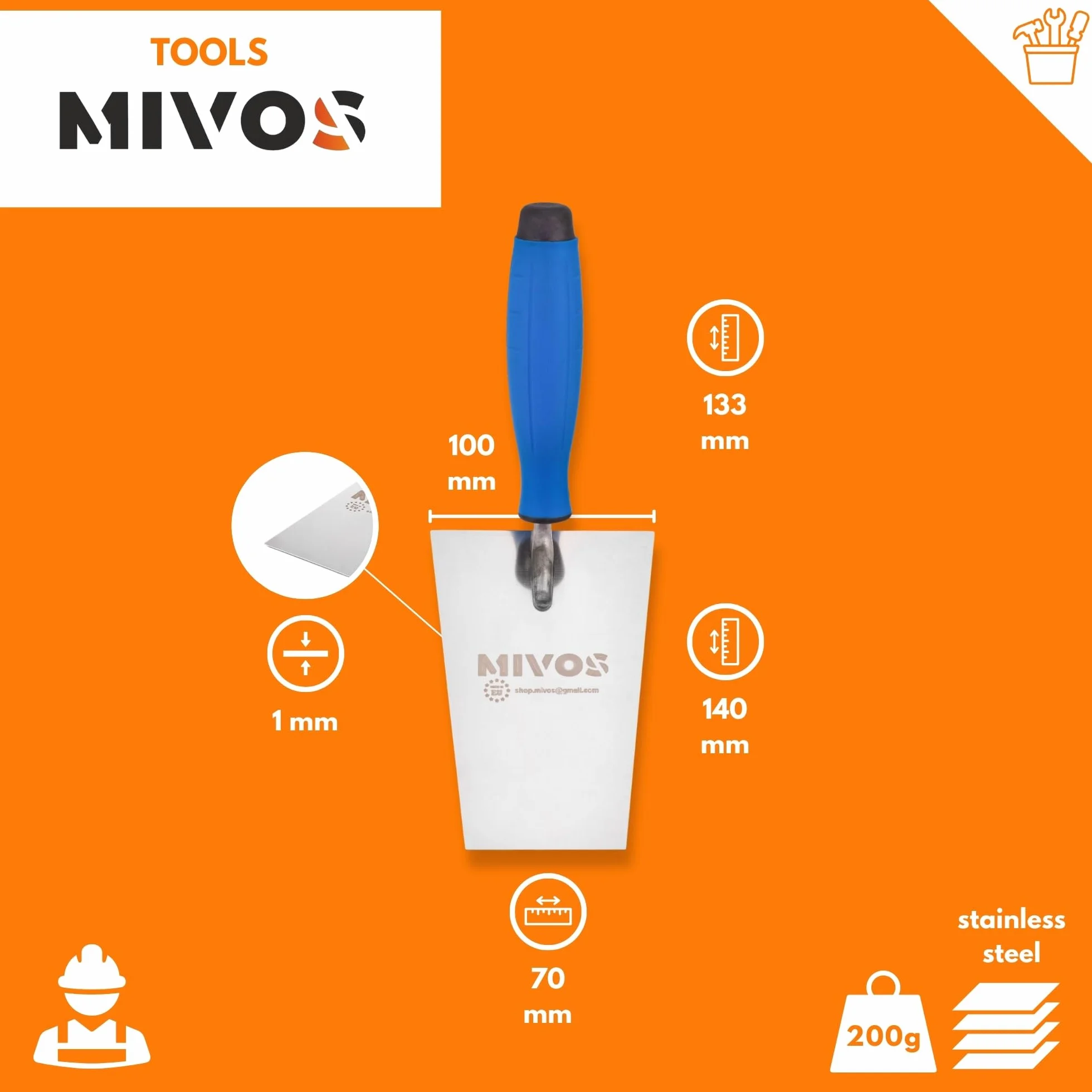 Mivos Kielnia trapezowa ze stali nierdzewnej 140 x 70 mm – nierdzewna kielnia murarska 140 mm z gumowym uchwytem – kielnia tynkarska do prac murarskich – paca wygładzająca trapezowa, wyprodukowana w
